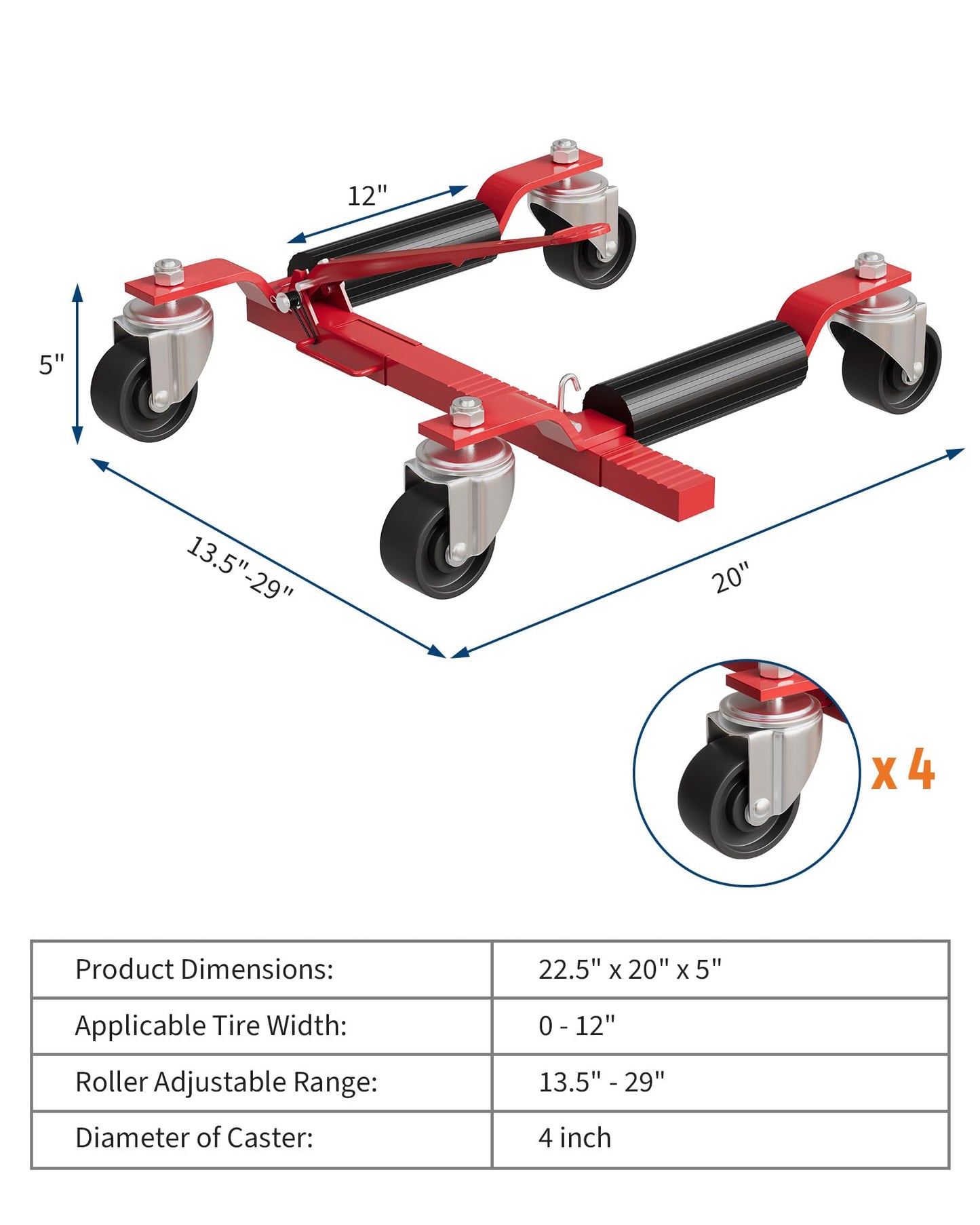4 Pack 6000 LBS Heavy Duty Car Wheel Dolly Jack Set, Mechanical Vehicle Tire Positioning Mover with Ratcheting Foot Pedal, Auto Repair Moving Kit for Garage Workshop, Red