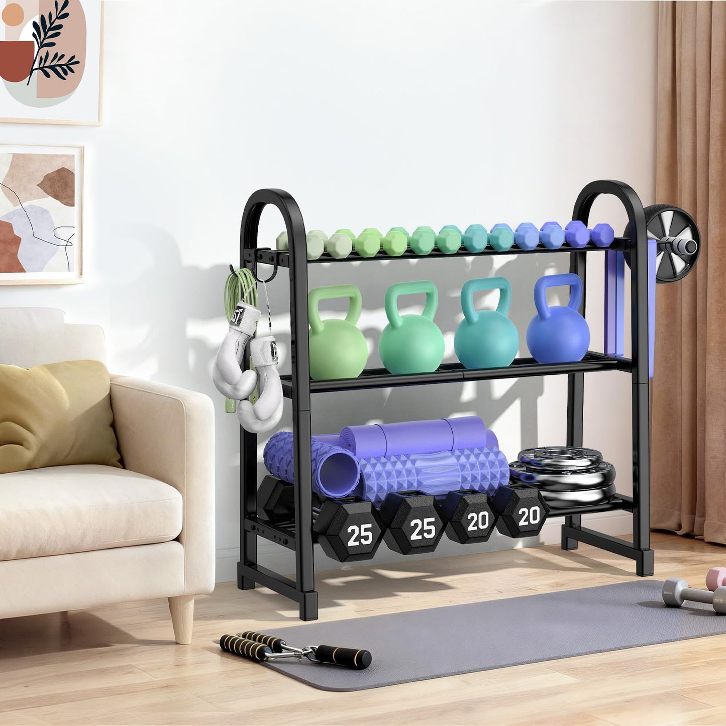 YaDonpe 3 Tier Dumbble Rack - 360LB Capacity Adjustable Dumbbell Storage Rack Space-Saving Home Gym Weight Rack For Dumbbells And Kettlebells With Hooks (Dumbbell Rack Stand Only)（Matte Black （29.96''Length））