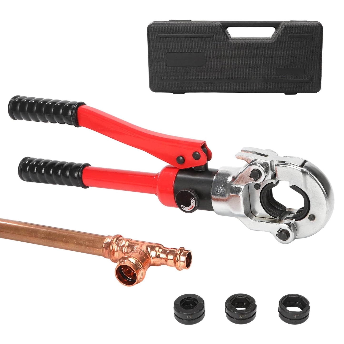 Hydraulic Copper Tube Crimping Tool with 3 Interchangeable Dies (1/2", 3/4", 1") Applicable to Stainless Steel and Copper Pipes, Ideal for Plumbing, HVAC, Refrigeration & Industrial Piping Projects