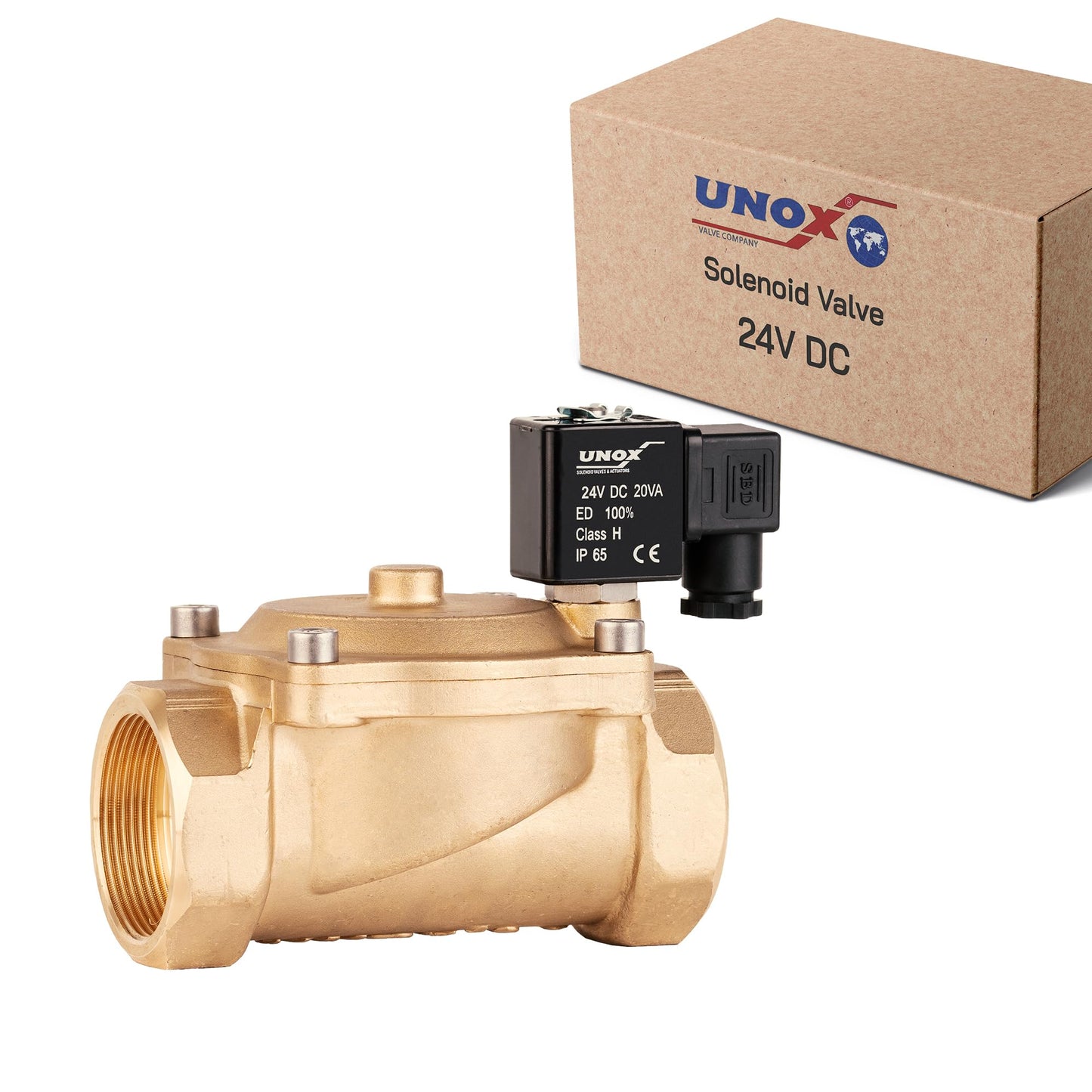 UNOX 1 1/2" NPT Solenoid Valve 24V DC, Brass Control Valve Normally Closed - 7-232 PSI Multi-Purpose Reliable Control Valve for Water, Air, and Gas - Solenoid Valves