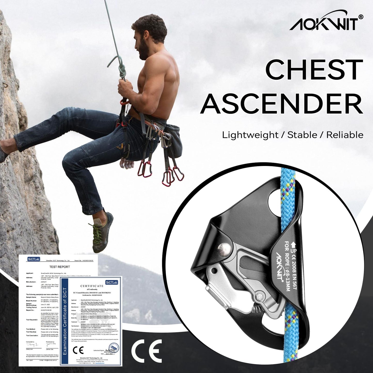 Chest Ascender Tree Climbing Gear Rope Grab High Strength Aluminum Alloy Rappelling Equipment CE Certified for Rock Climbing Rescue Aerial Work Mountaineering Caving Arborist Work 8-13mm Ropes (Black)