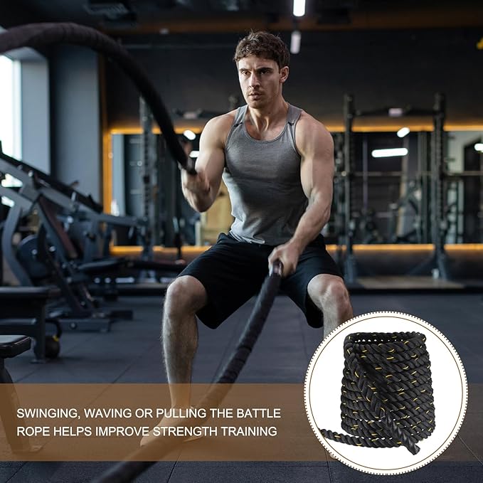 MECCANIXITY Battle Rope 50ft x 1.5 Inch Polyester Workout Rope Heavy Fitness Exercise Rope for Strength Training Home Gym Muscle Building, Black Yellow
