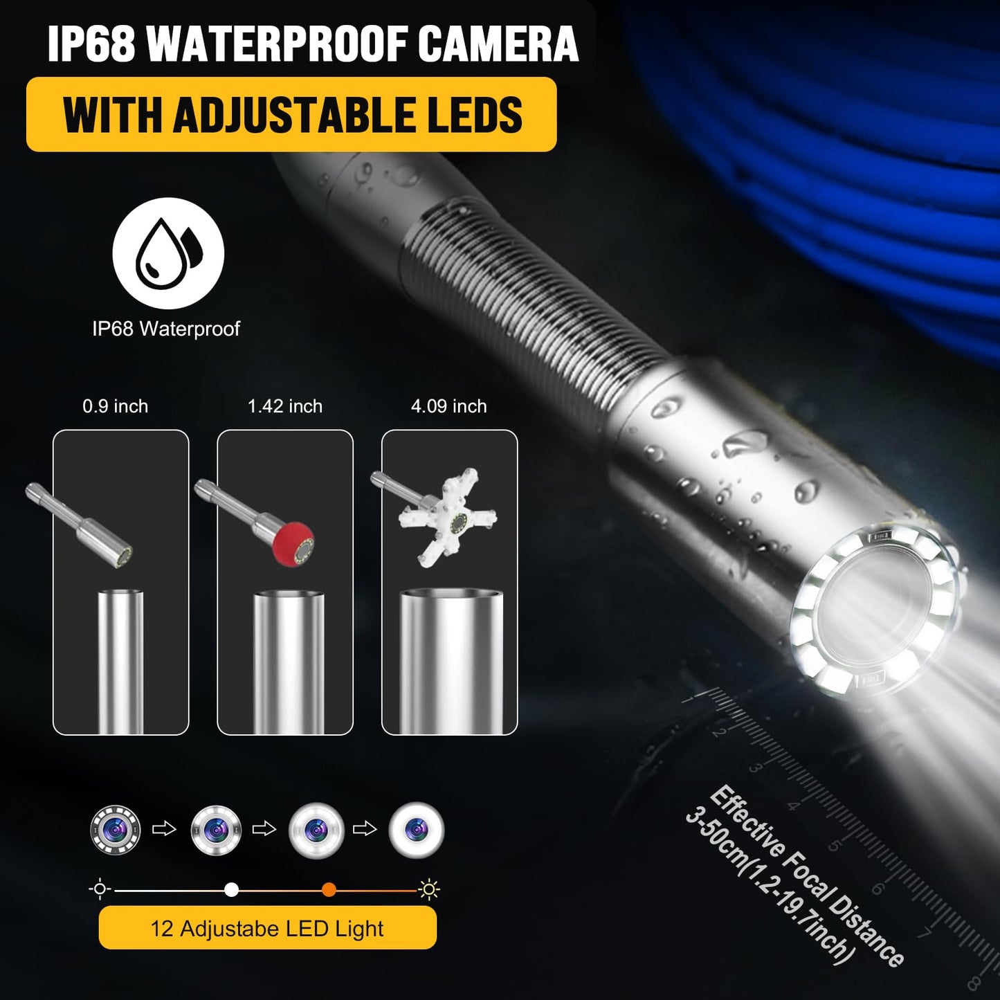 Sewer Camera 200FT with Locator and Receiver Sets with Distance Count, Self-Leveling, 512Hz Sonde IP68 Waterproof Cam, 9" Pipe Drain Inspection with 12pcs Light, DVR with 32GB Card, 7mm Cable