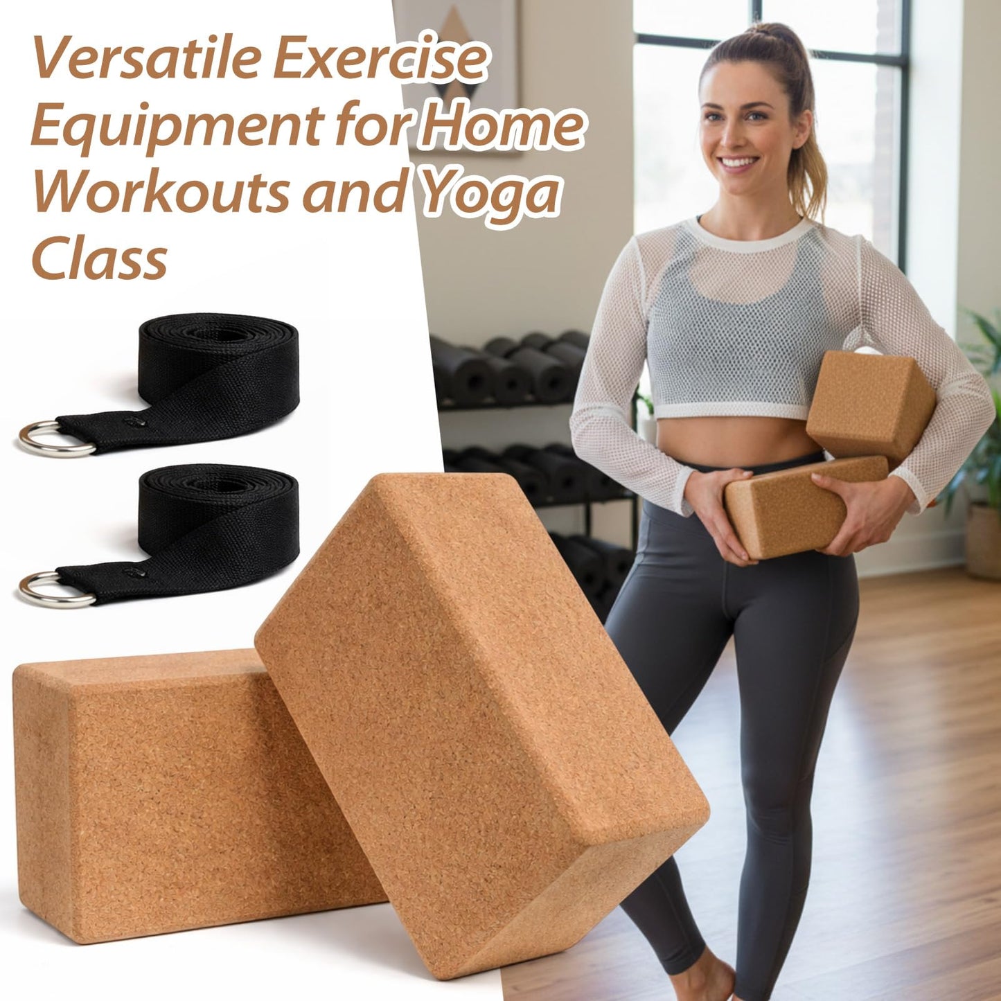 Leitee 6 Pcs Cork Yoga Blocks with Straps 9 x 6 x 4 Inch Cork Yoga Brick 8.2 FT Strap Non Slip High Density Bricks Exercise Blocks for Physical Stretching Flexibility Balance Fitness Pilates