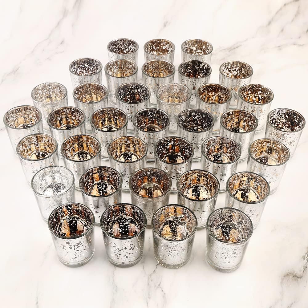 Silver Mercury Glass Tea Light Holders - Elegant Votive Candle Holders for Weddings & Home Decor | Set of 36