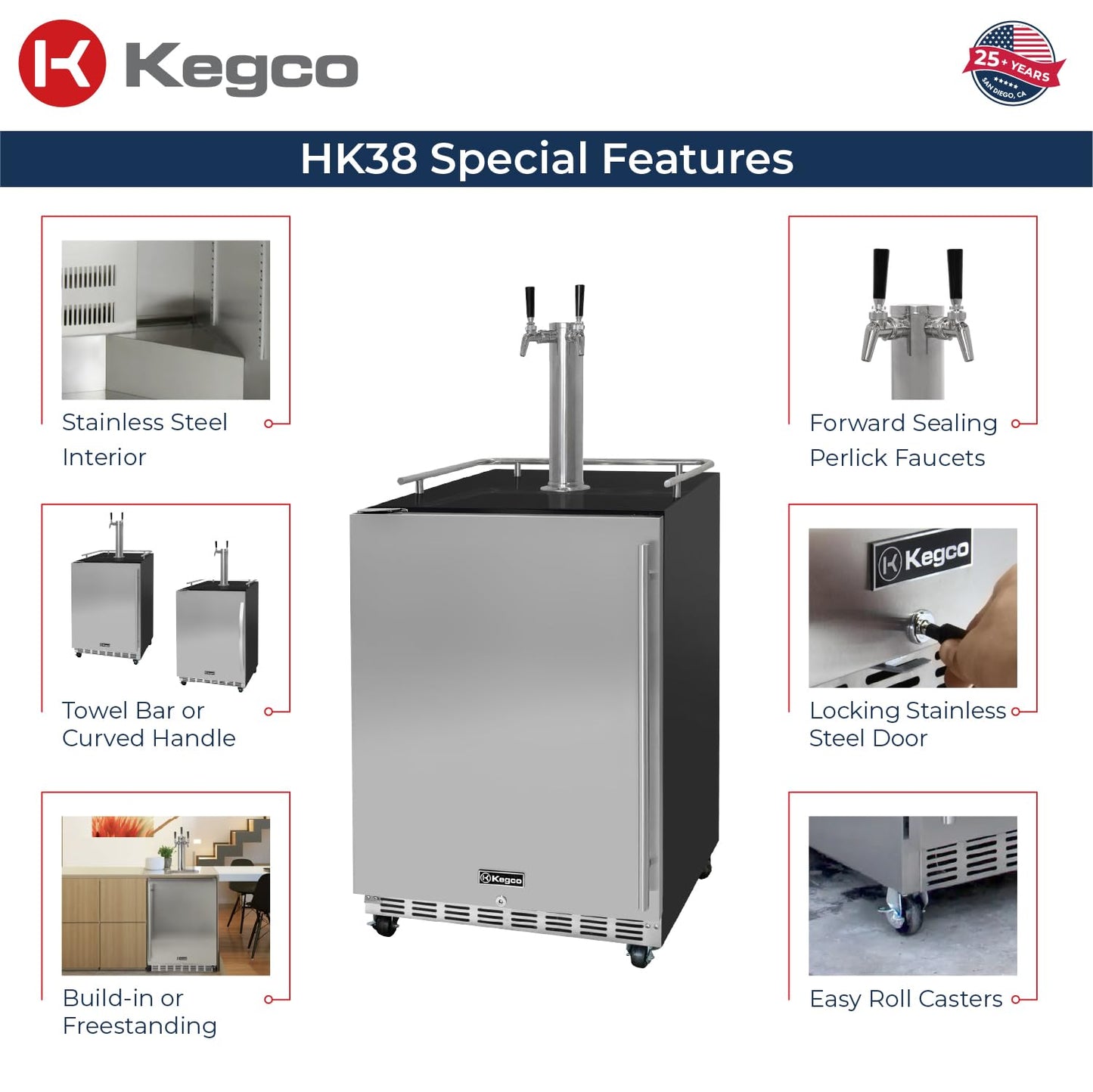 Kegco Kegerator 24" Wide Dual Tap Black/Stainless Steel Commercial Beer Dispenser HK38BSC-L-2