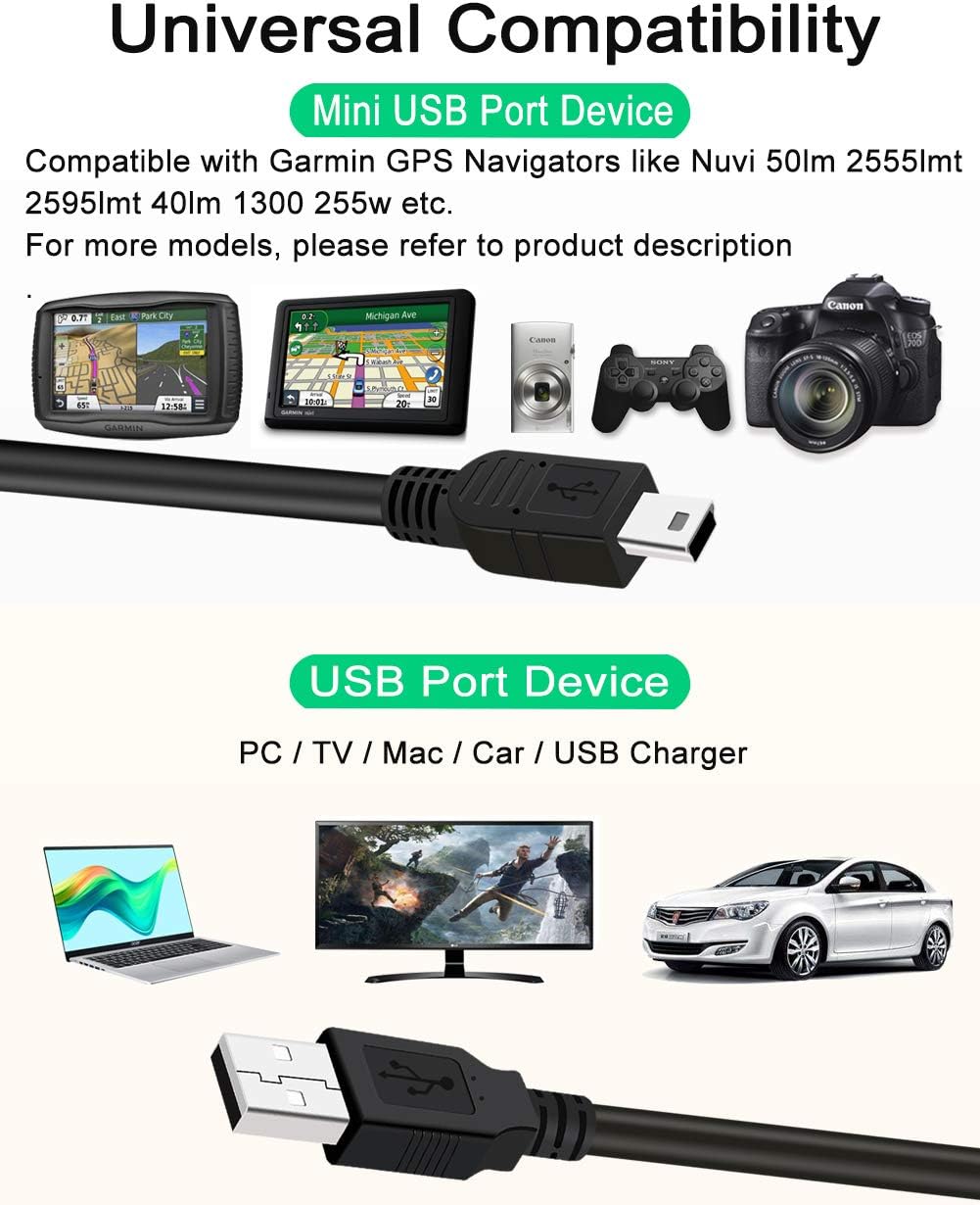SCOVEE 10ft 50lm 2555lmt 2595lmt 40lm 1300 255w 5 GPS Charger Cable for Garmin Navigator Nuvi etc,USB A Male to Mini