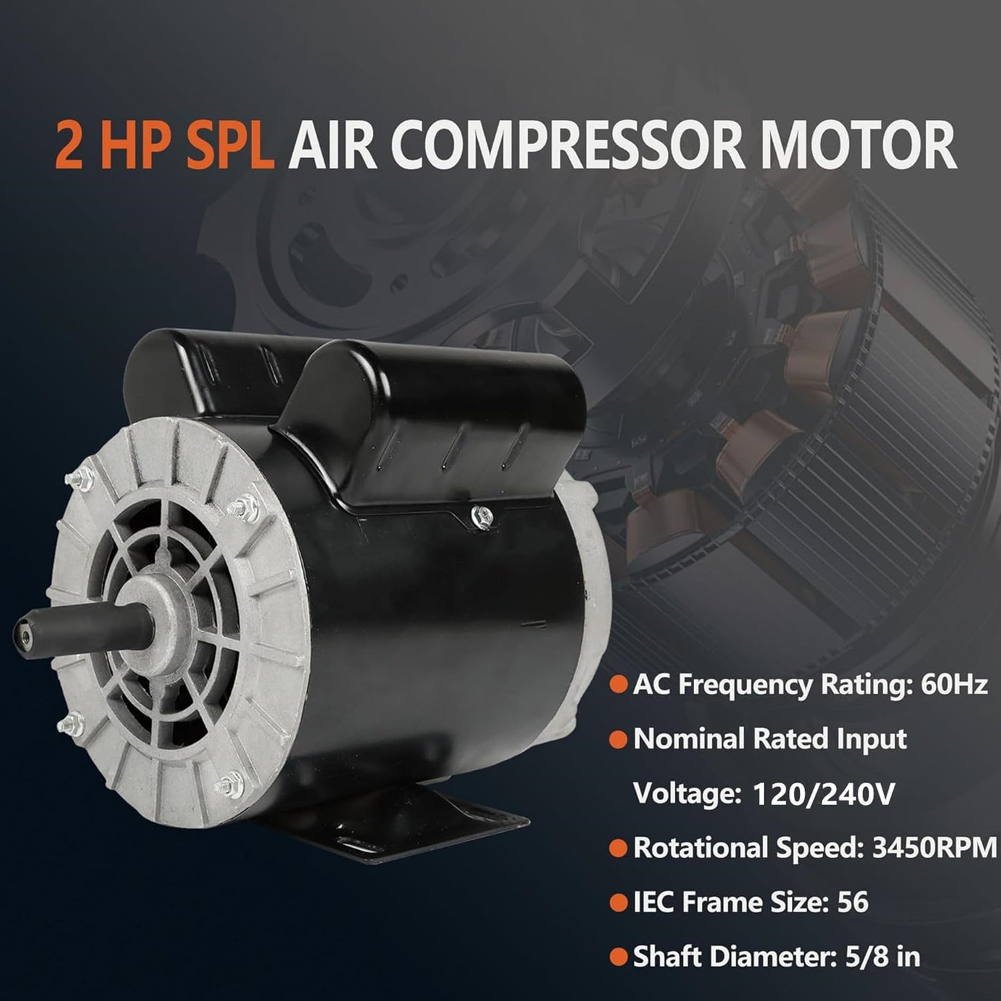 Air Compressor Motor 2 HP SPL Motor 56 Frame 5/8 Inch Shaft 120/240V
