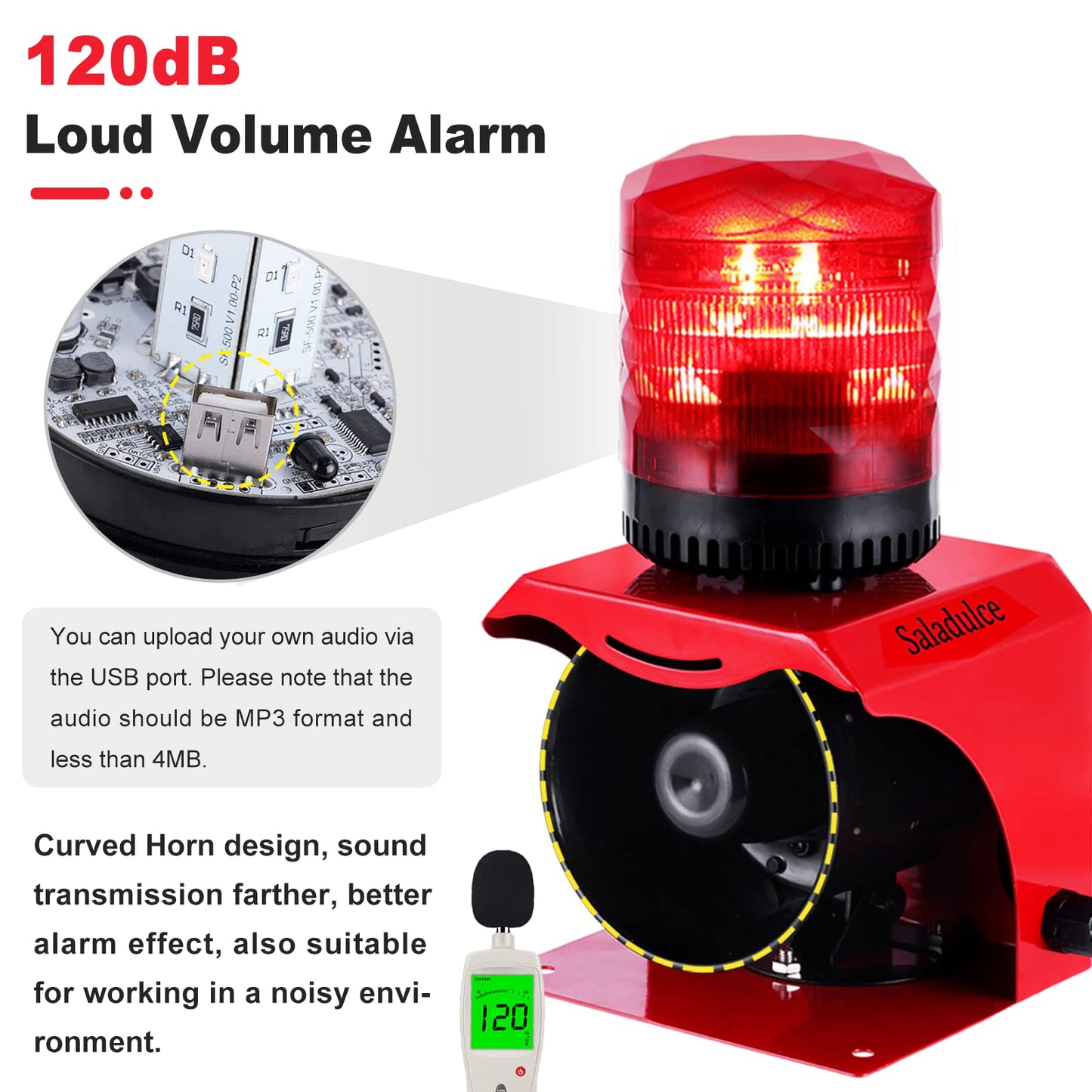 120dB Industrial Siren Alarm, IP65 Outdoor Sound and Light Alarm,, Adjustable Volume & Tone for Home, Office, Factory, Warehouse (Industrial, 12, V)
