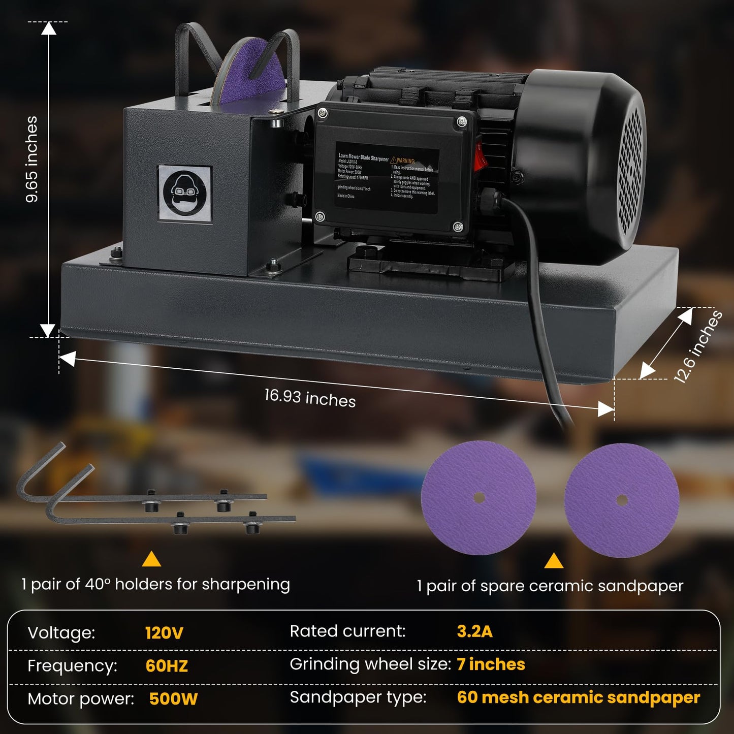 Lawn Mower Blade Bench Grinder,2/3HP 500W Lawn Blade Sharpener, Electric Lawn Mower Blade Sharpeners with 30° 40° Adjustable Brackets, 7 Inch Ceramic Sandpaperfor High/Low Lift, Gator, Flat Blades