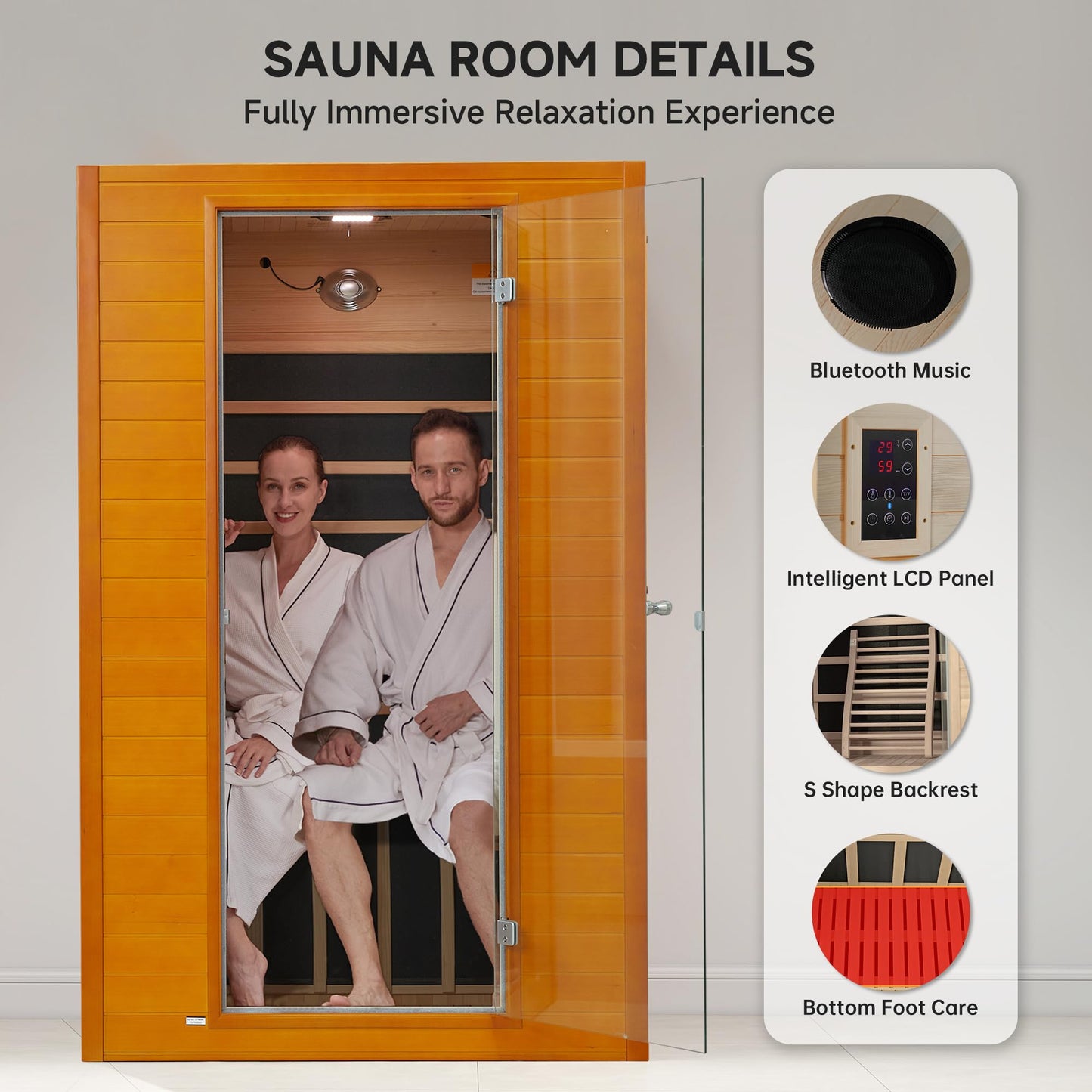 springspa Far Infrared Sauna for Home, Home Indoor Infrared Sauna for 2-Person, Canadian Hemlock Wood Sauna Room with Low Emf Red Light Therapy, 9 Chromotherapy Lights, Bluetooth Speakers