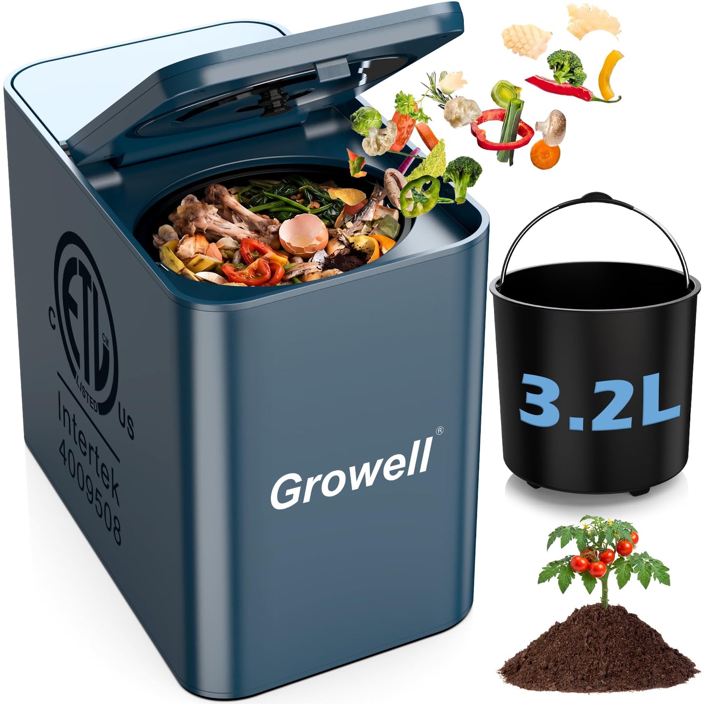 Growell Electric Composter for Kitchen, 3.2L Smart Countertop Compost Bin, Low Noise, Odorless, Indoor Food Waste Composter with LED Display, Auto-Cleaning, Turn Food Waste into Fertilizer,EC04