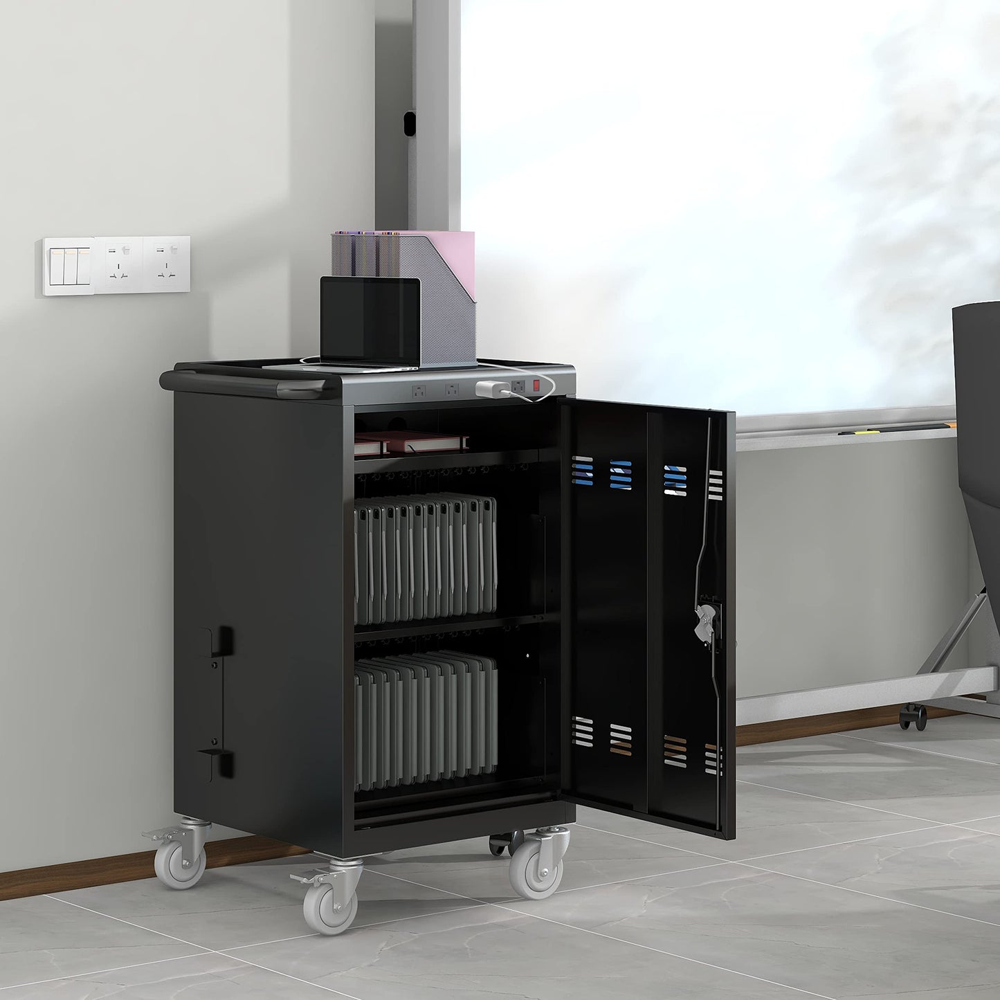 MQIAE Laptop Cart,Mobile Charging Carts for Tablets Laptops with Extra 4 Bits Power Strip, Portable Table Top Charging and Storage Cabinet for Classroom or Office