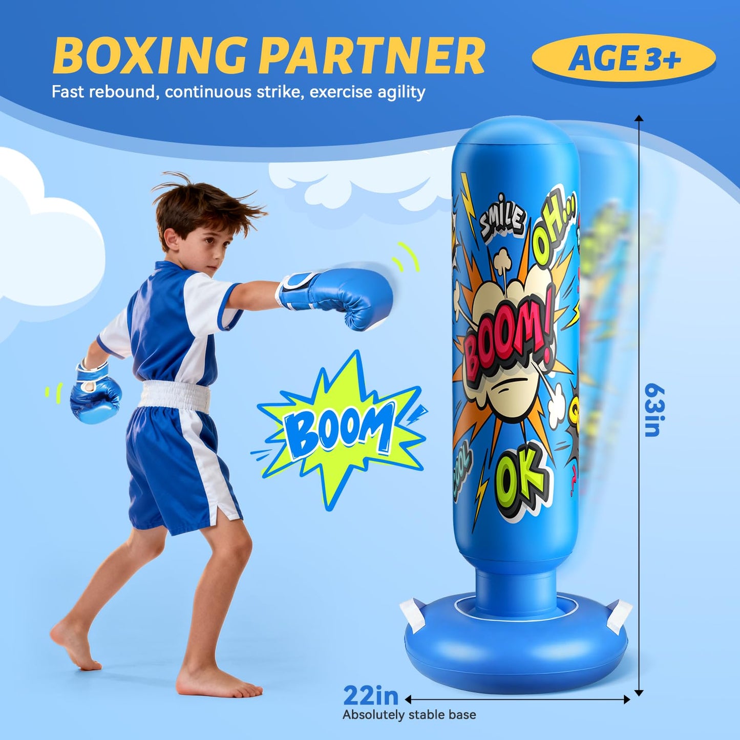 Inflatable Punching Bag for Kids 3-12, Boxing Equipment for Kids and Adults, Christmas, Birthday Gifts, Punching Bag Practice Karate, Taekwondo(Blue)