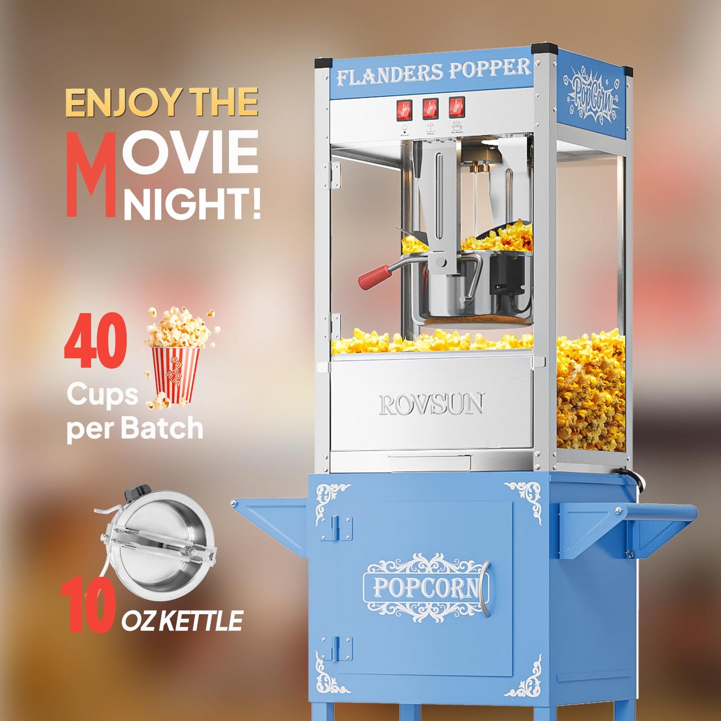 ROVSUN Popcorn Machine with Cart, 10 Oz Kettle Makes Up to 4 Gallons ETL Certified, Popcorn Maker w/Scoop, Oil Spoon, Bags & Popcorn Cups, Movie Theater Style Popper for Commercial Home Party, Blue