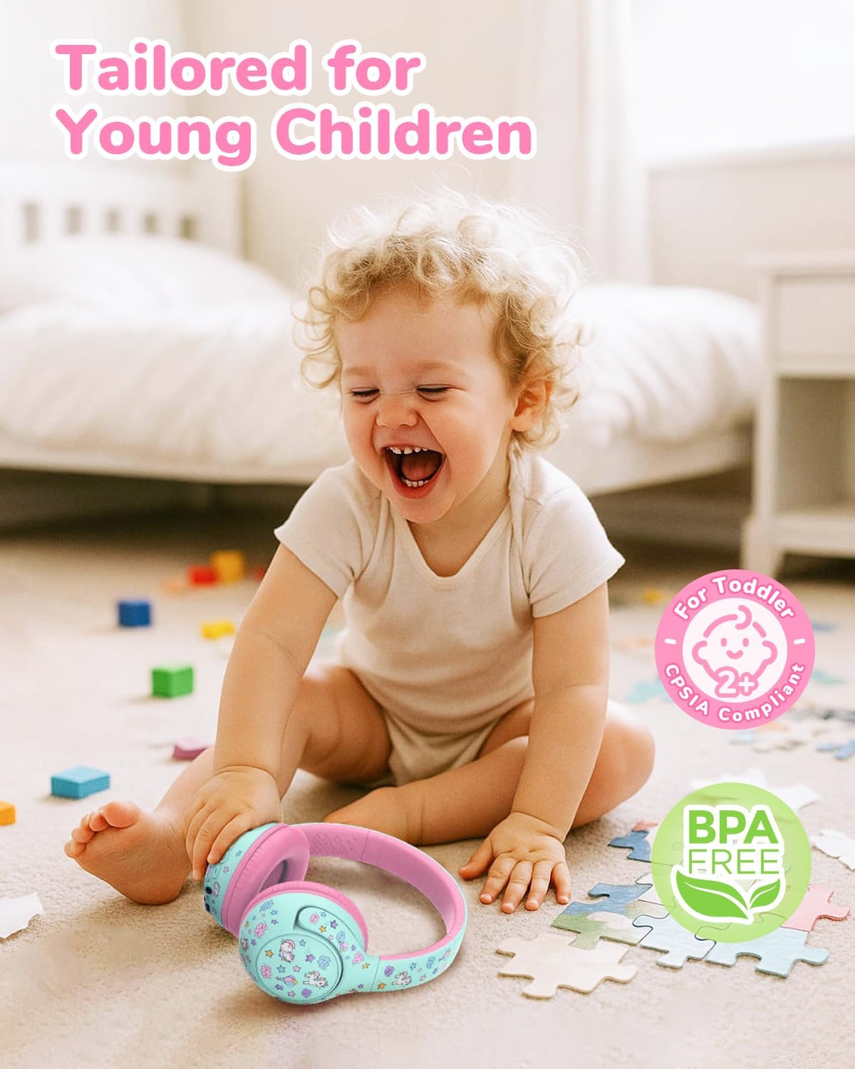 BTH27 2+ 75/80dBA 74H 5.4, iClever Toddler Headphones for Year Old-CPC Certified, Safe Volume Limited, Playtime