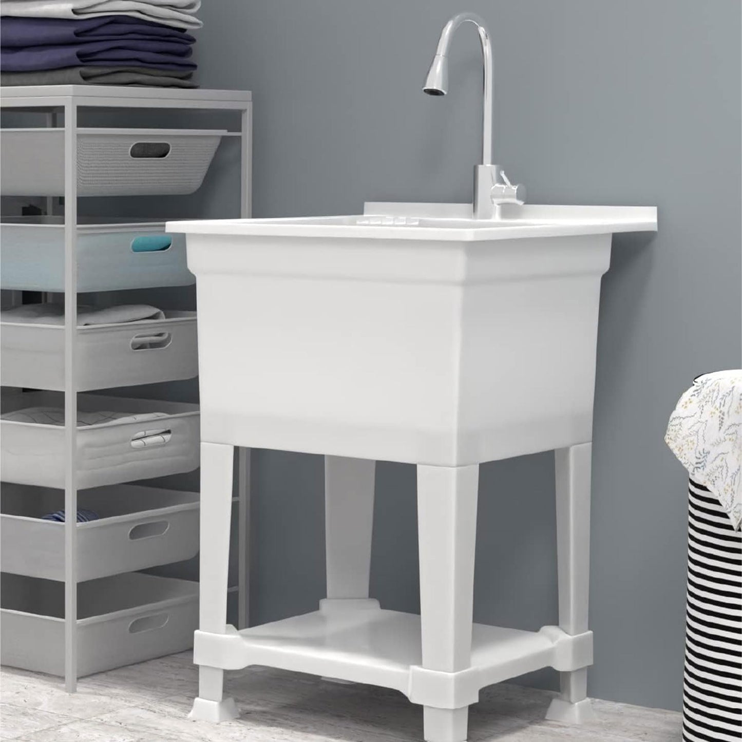 UTILITYSINKS Freestanding Utility Tub Sink with Quick Connect Drain, 24 x 24", White - Portable and Compact Sink with Faucet for Outdoor Kitchen, Laundry Room, Garage, and Basement
