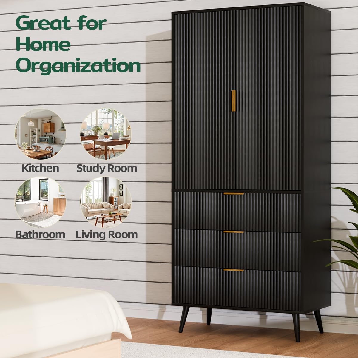 Topcomfy Tall Fluted Cabinet, Kitchen Pantry Cabinet with 2 Doors & Adjustable Shelves, Mid Century Modern Cabinet for Living Room, Dining Room, Entryway, Office, Black
