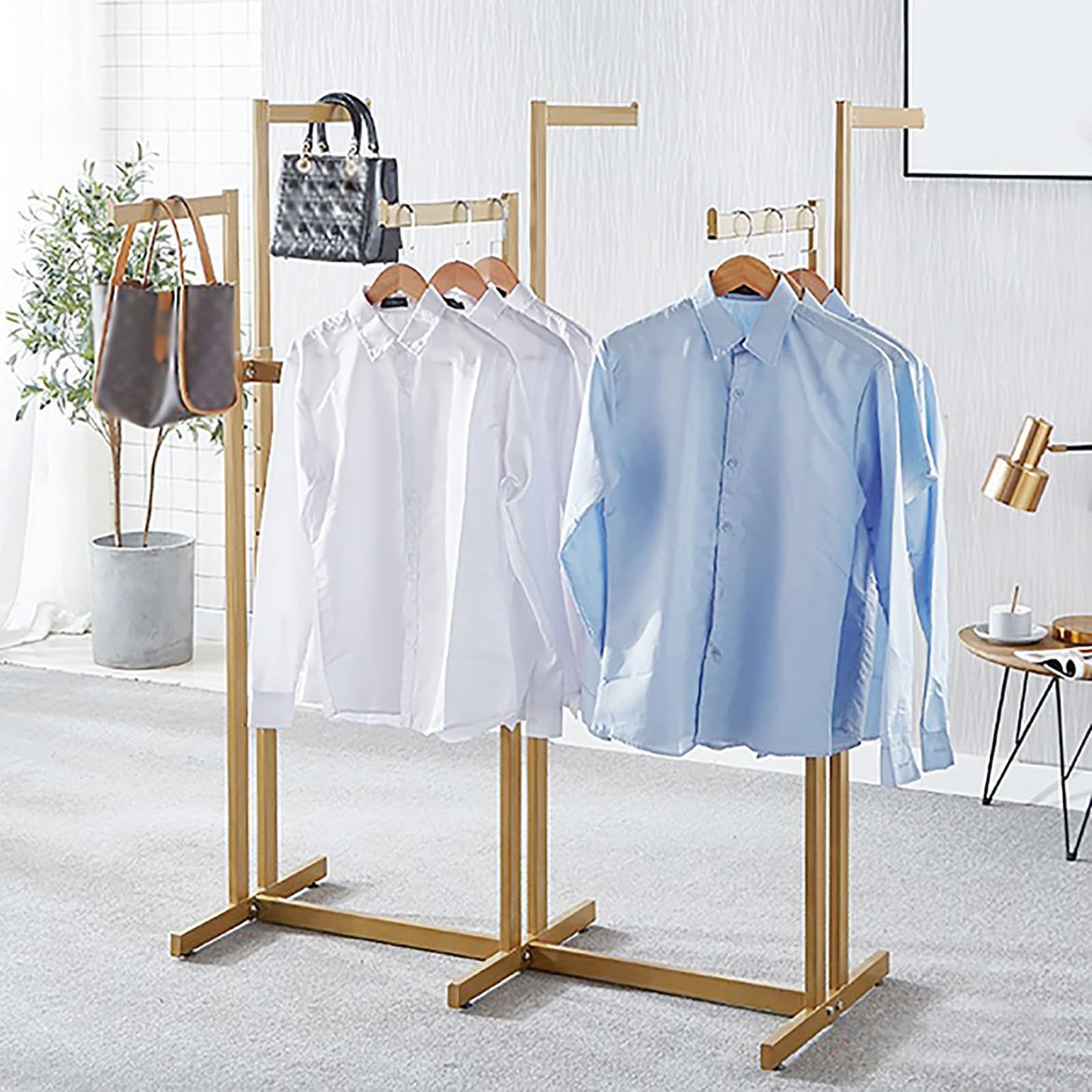 FKKPRVAX Floor Standing Metal Garment Rack - Heavy Retail Display Racks With Wheels, 8 Arms Clothing Rack, Square Tubing Portable Shirt Racks, Merchandise Display For Hanging Clothes (L-gold)