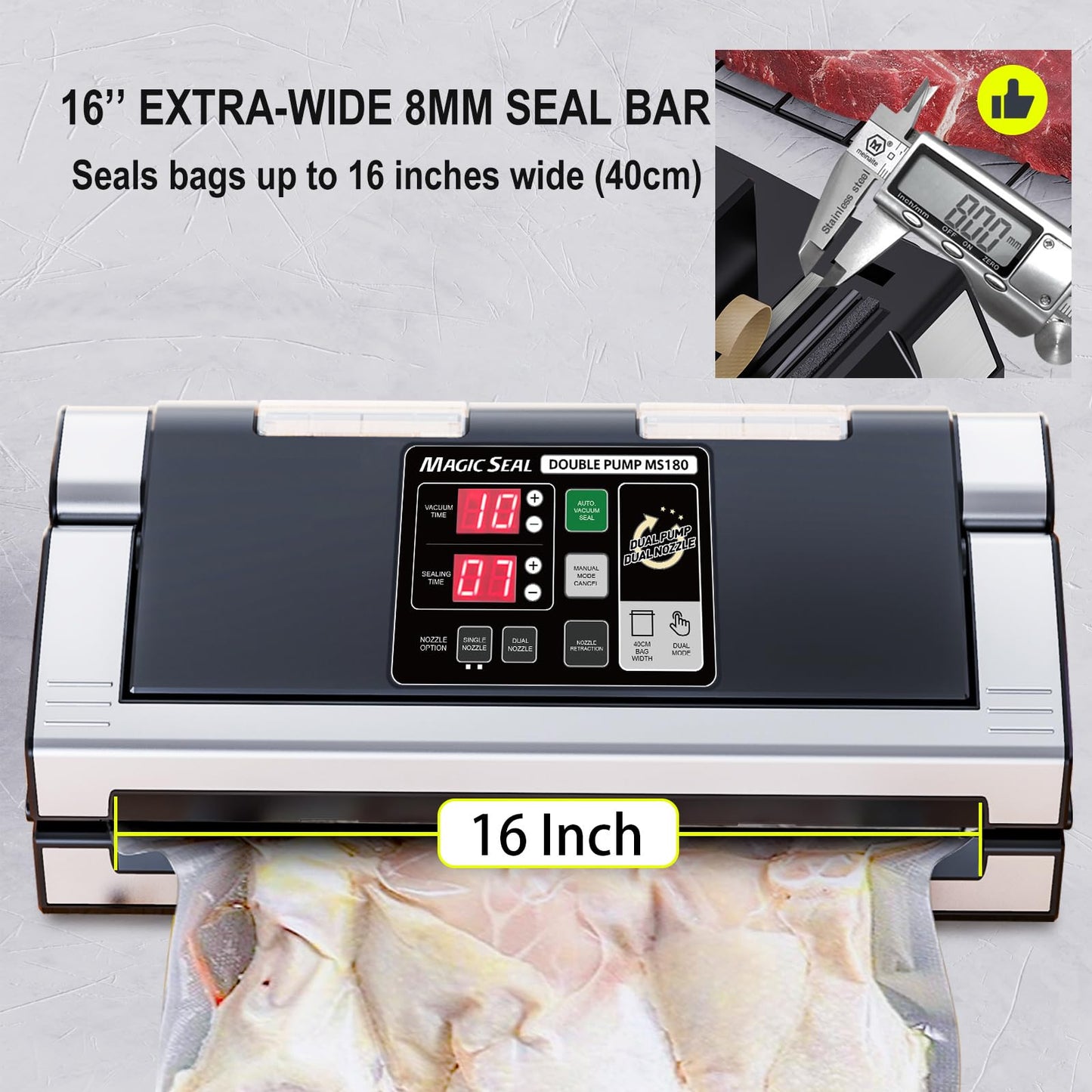 MAGIC SEAL 16-Inch Nozzle Vacuum Sealer for Food Storage - Works with Mylar & Smooth/Non-Textured Bags, No Textured Bags Needed, 250W, 8mm Extra-Wide Seal - MS180