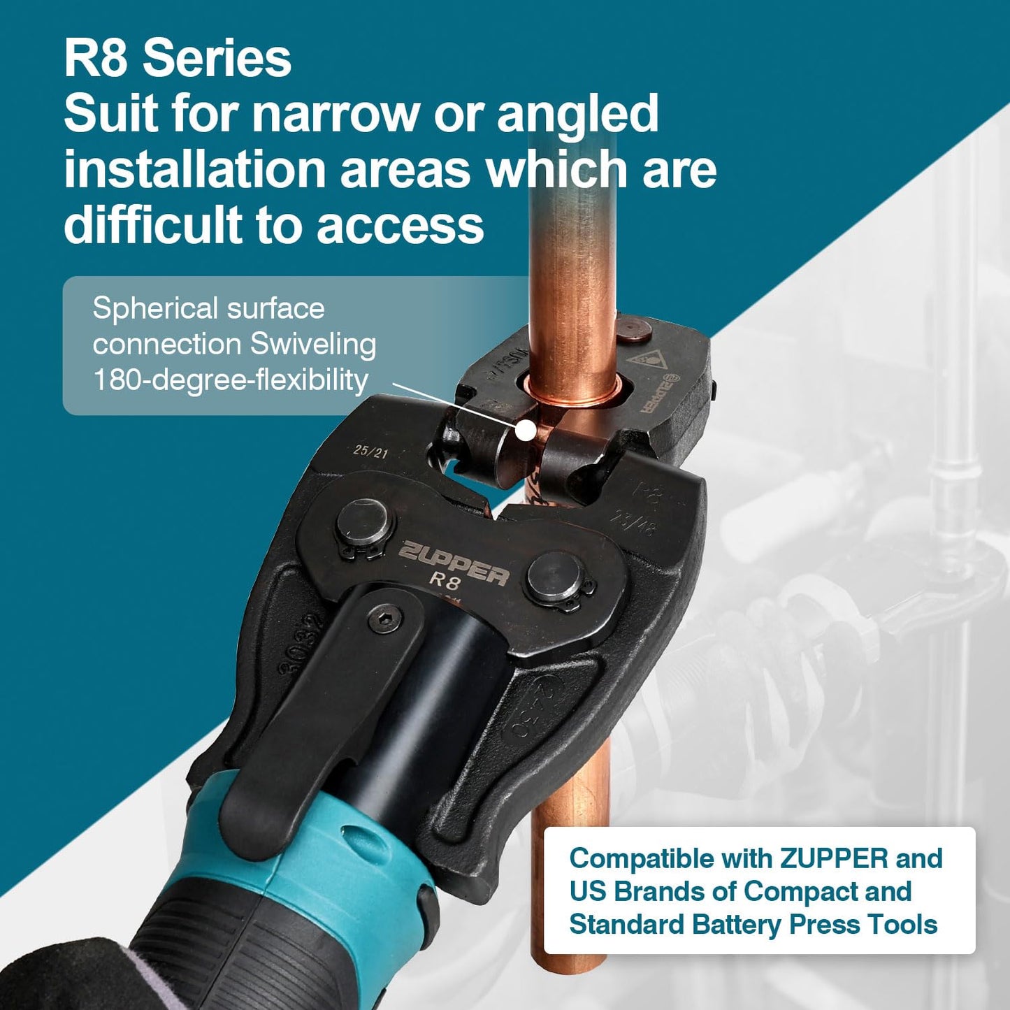 ZUPPER Press Ring Kit - 4PCS Copper Pro Press Rings 1/2" to 1-1/4", 2PCS Rotating Actuators R8-24 and 3240-R8 Suitable for Narrow or Angled Installation Areas, fit Compact and Standard Press Tools