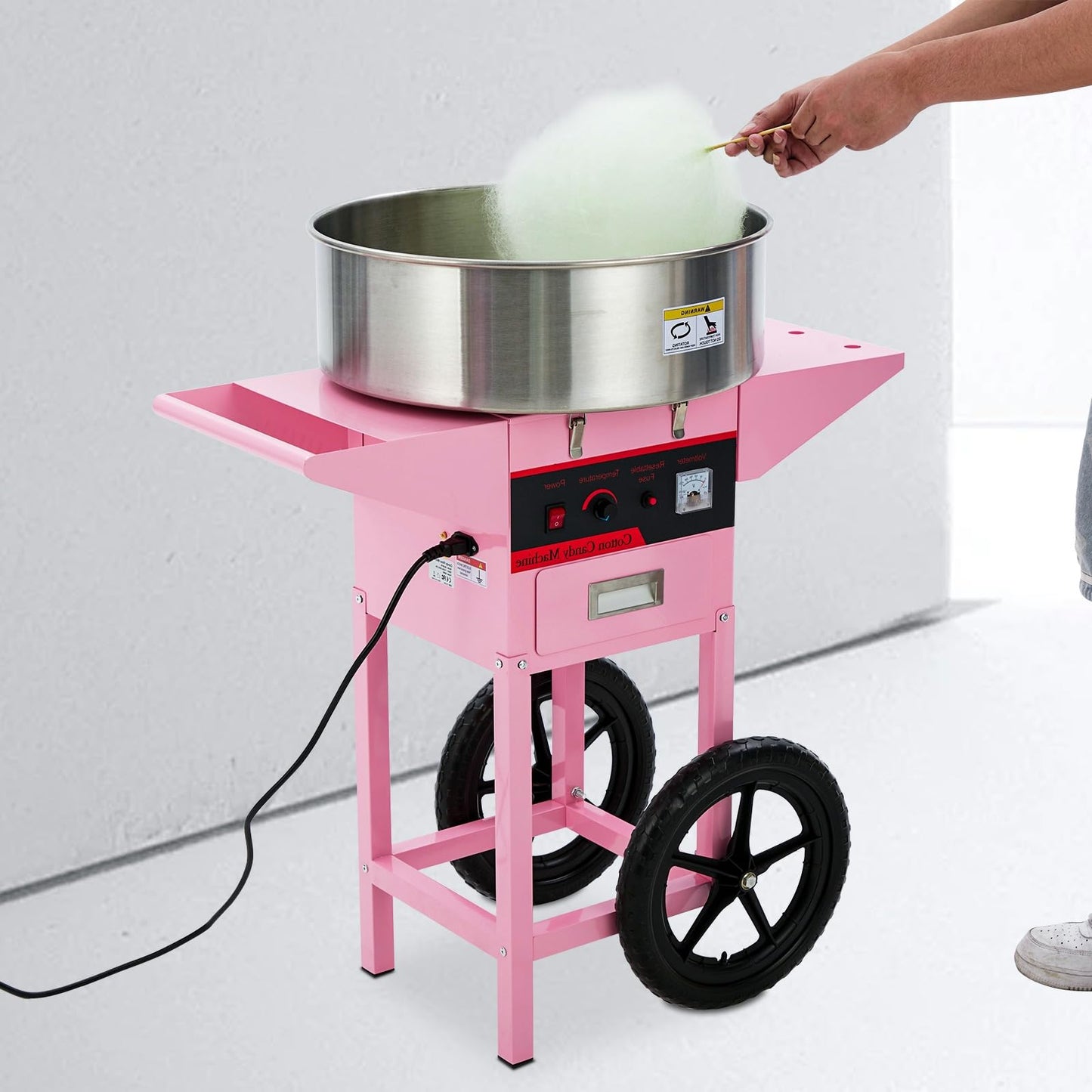 GarveeTech Commercial Cotton Candy Machine with Cart - Pink Cotton Candy Machine With Stainless Steel Bowl, Sugar Scoop, Drawer. Ideal for Family Party Fun(Without lid)