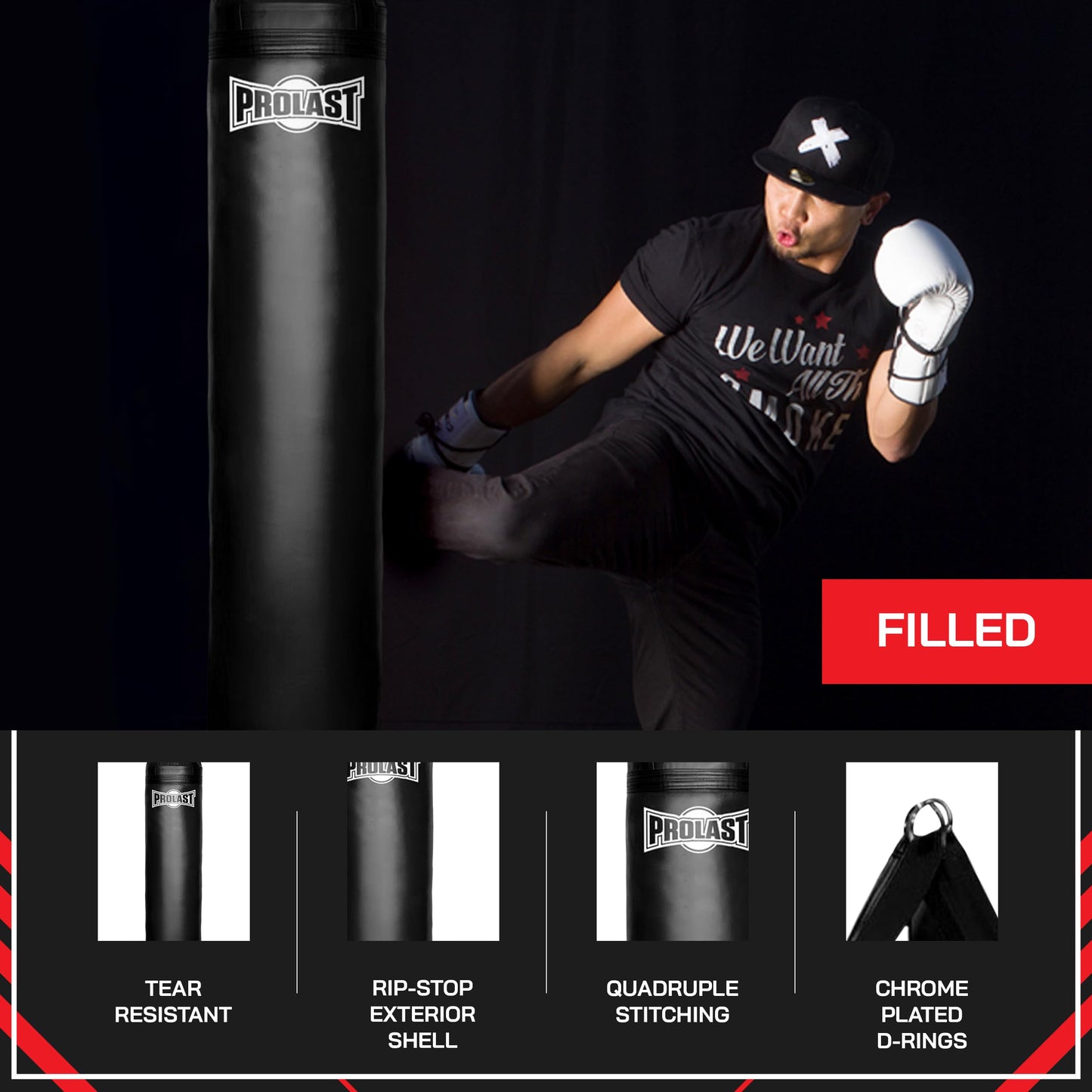 PROLAST Heavy Punching Kicking Bag for Adults, Boxing, MMA, Martial Arts, Muay Thai, Strength Training Equipment, 5ft, 100 lbs, Classic Logo, Black Filled