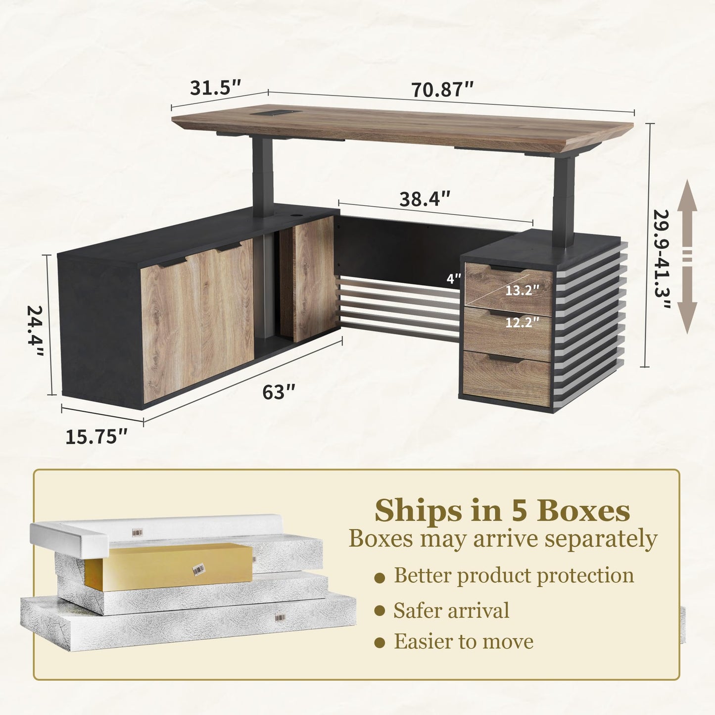 ONNAHOMEStlyle 70.87IN Adjustable Heigh L Shaped Executive Desk w/Cabinet Storage, Modern Computer Standing Home Office Desk w/File Cabinet, AC/USB, Large Writing Table Business Workstation