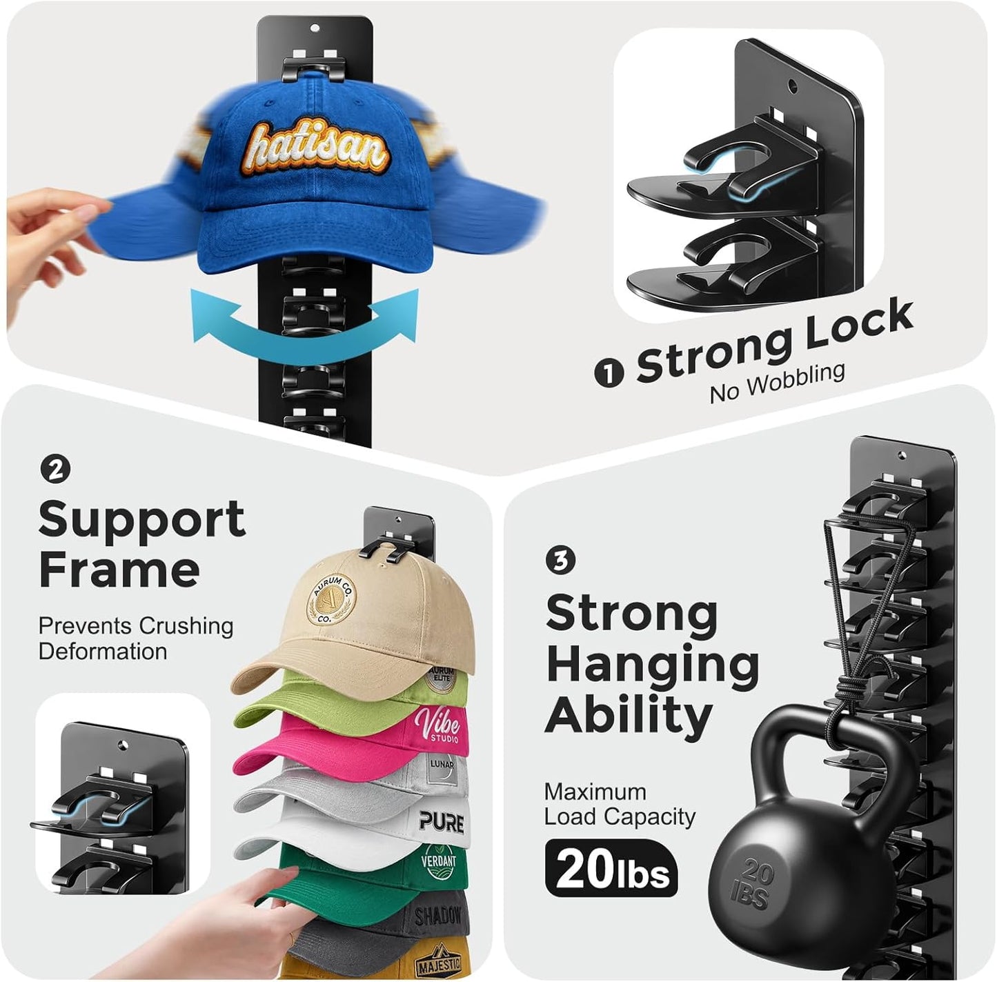 Skiennix Hat Organizer - 2 Pack Detachable DIY Rack for Up to 22 Baseball Caps | Black Wall Holder