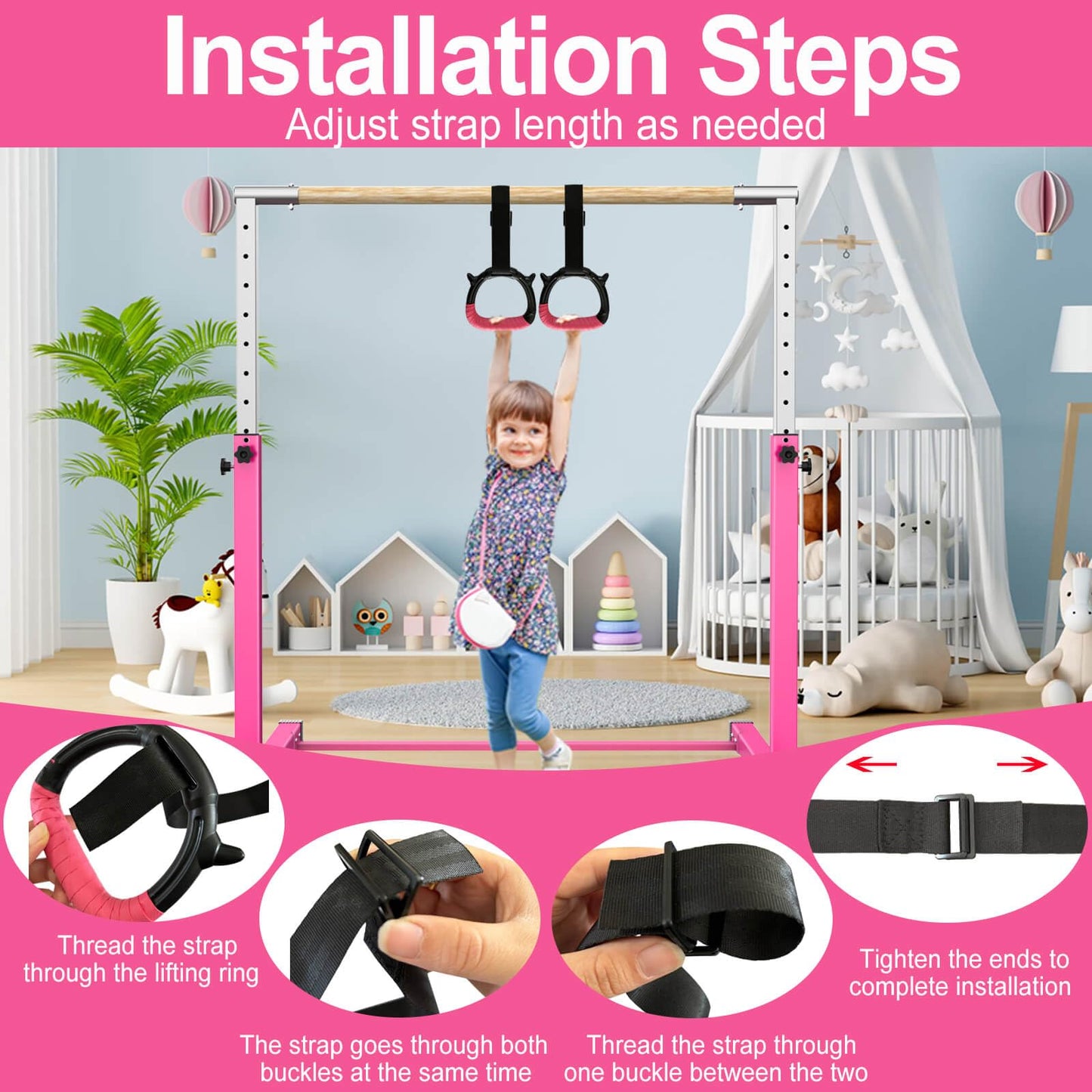 Tepemccu Gymnastics Rings for Kids, Pull Up Rings with Adjustable Straps for Children Home Gym Strength Training (Pink)
