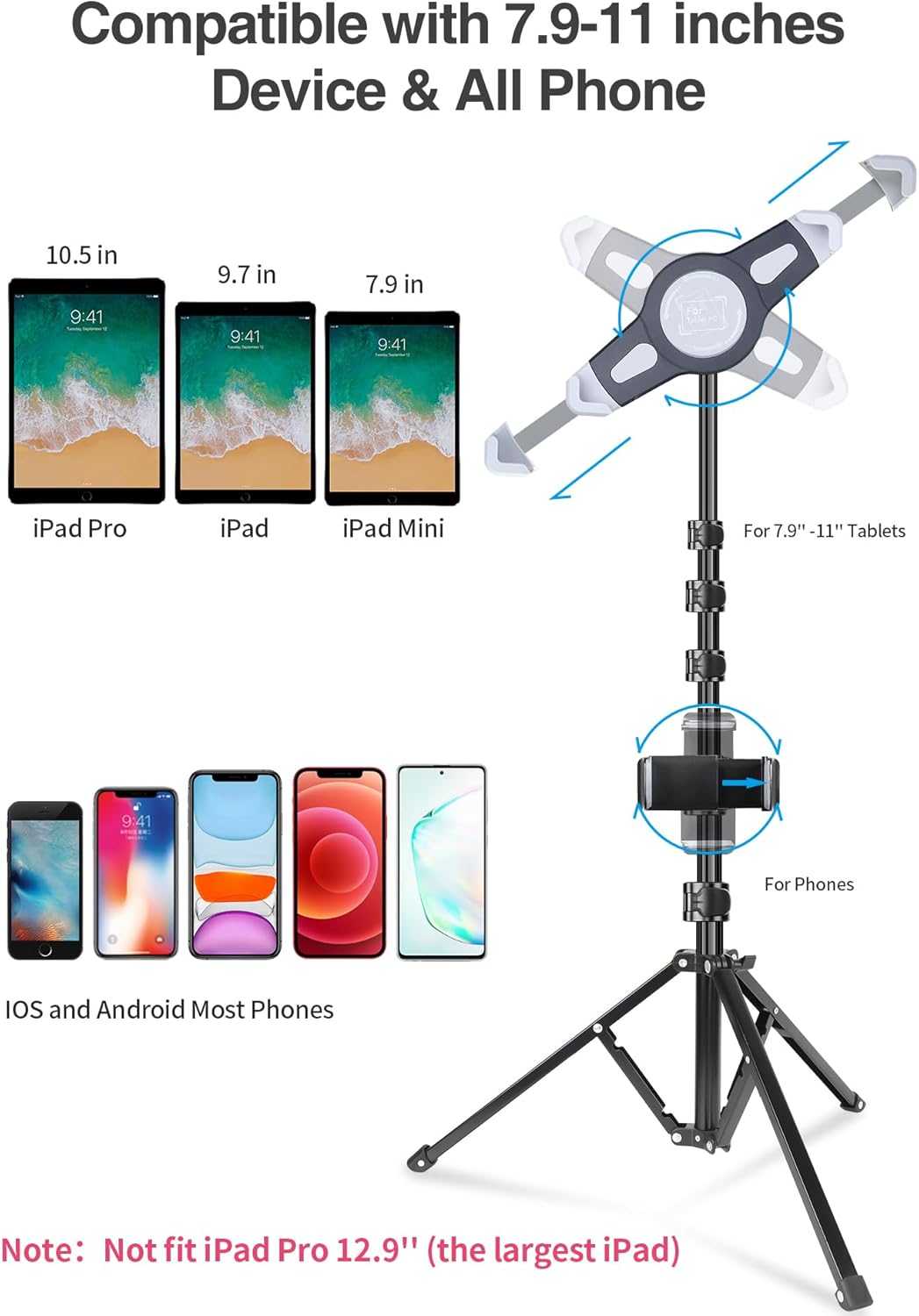 elitehood 360 7.9-11 Inch iPad Tripod Stand, Aluminum Alloy iPad Stand, Rotation Adjustable Height iPad Stand Holder