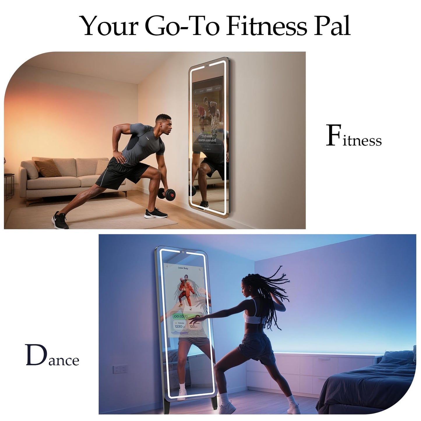 Smart Gym Mirror for Home Workout | 32" HD Touch-Screen Andriod 12 OS | 61" Reflective Surface | No VIP Fees Support Various APP, Voice Control, Music Sync LED Strip Lights, for Home Gym/ Yoga/ Dance