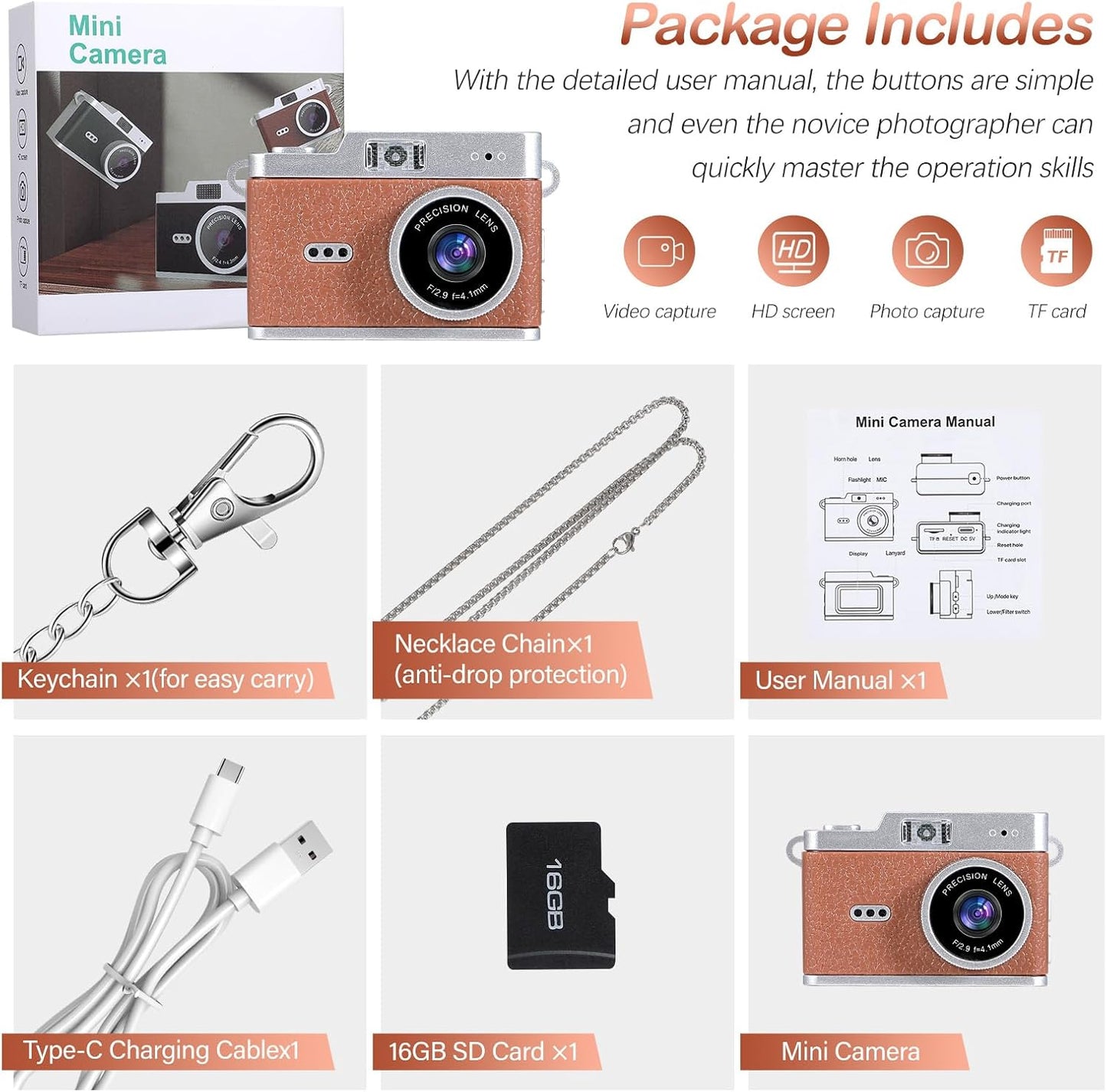 Brynnl 1080P 0.96" Mini Retro Keychain Digital Camera, Ultra-Compact Tiny Camera with Video, Display, Long Battery