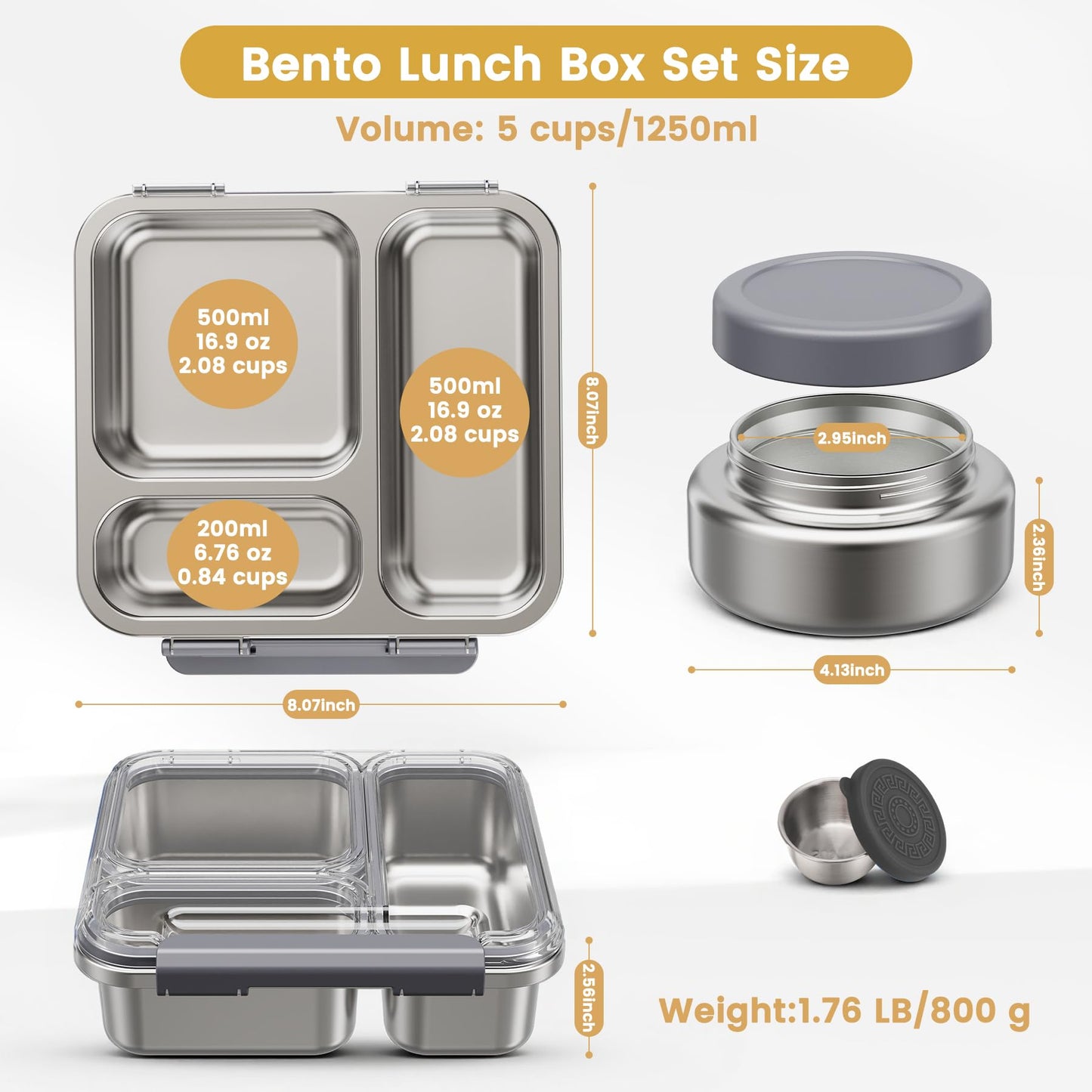 Stainless Steel Bento Box Kids Adult with 7oz Soup Thermo, Transparent Lid 3 Compartments Metal Bento Lunch Box with Insulated Food Jar,Lunch Box Container Sauce Cup for School,BPA-Free(Grey)