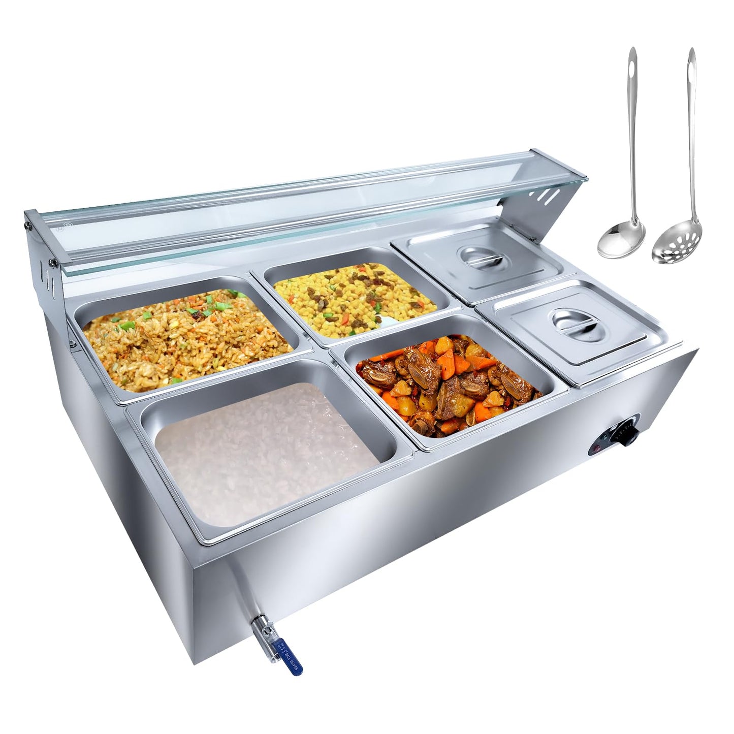 6-Pan Commercial Food Warmer, 72 Qt Electric Steam Table, Stainless Steel Bain Marie with Tempered Glass Cover, 1500W Countertop Food Warmer 86-185°F Temp Control for Catering, Restaurant, Silver