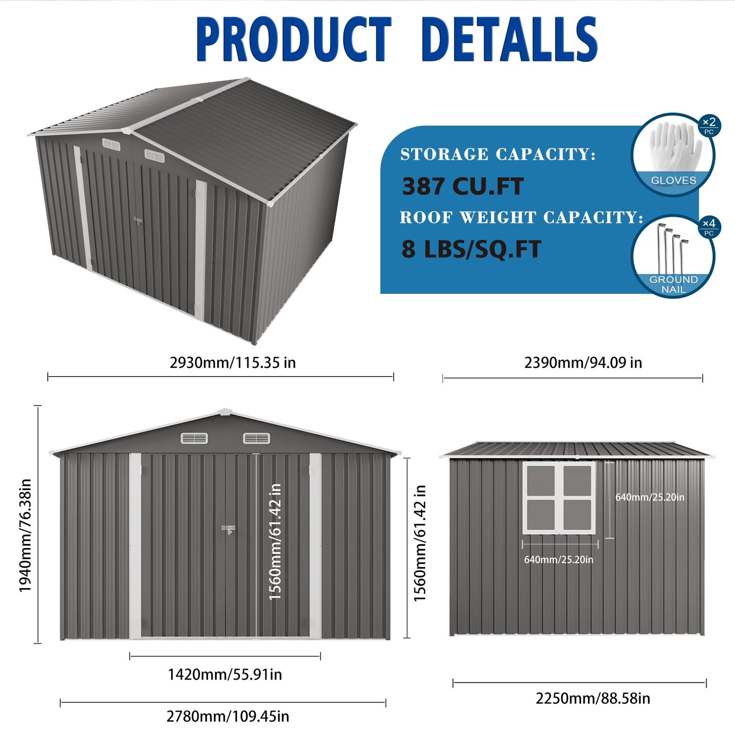 120"x96"x76.4" Metal Storage Shed Outdoor Garden Tool Shed, Galvanized Steel Lockable Backyard Organizer, Double Door Utility Shed with Windows for Lawn Equipment, Bikes, Patio & Backyard Storage