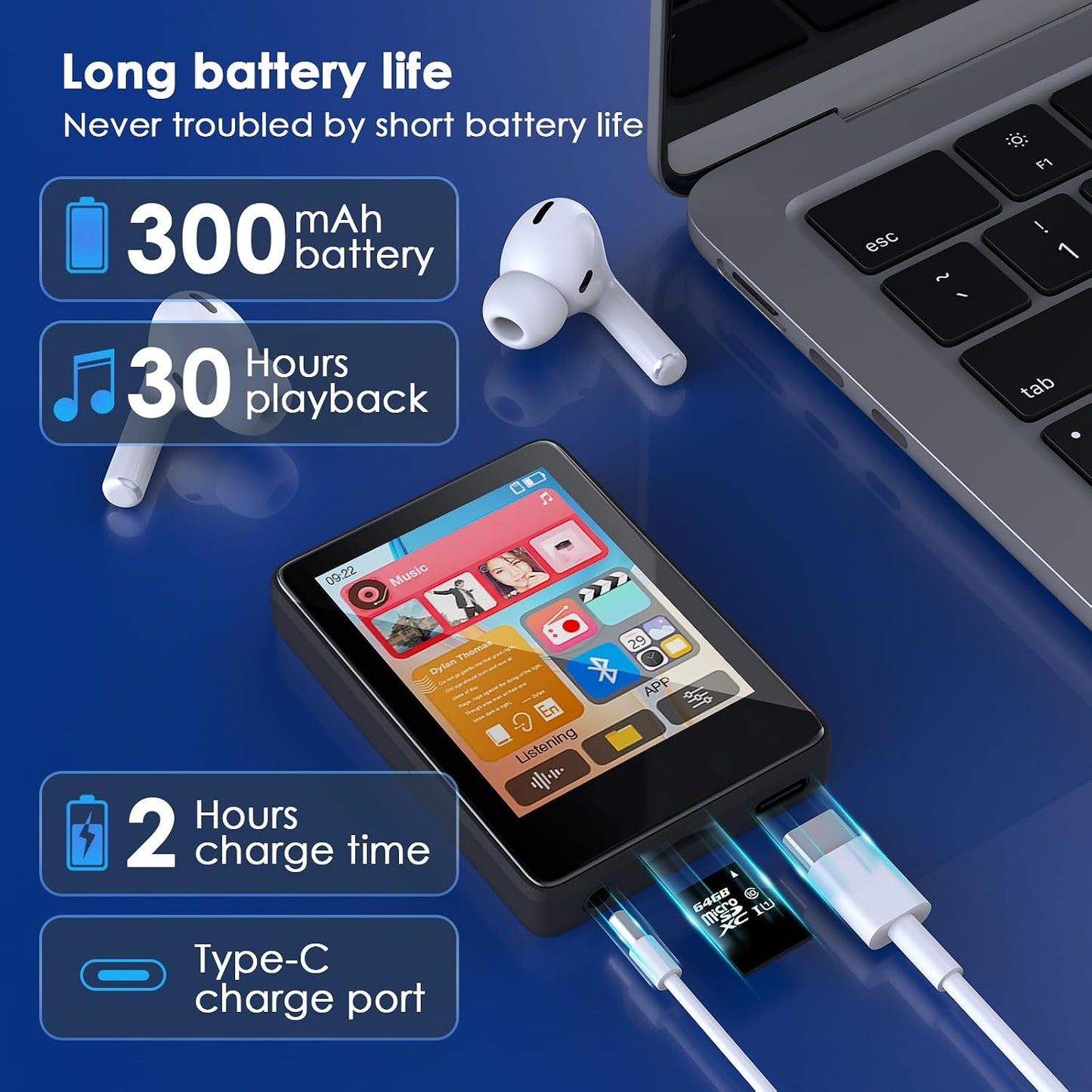 freeout 64GB MP3 MP3 Player with Bluetooth, Music Player with Built-in HD Speaker, Player for Kids, FM Radio, Voice