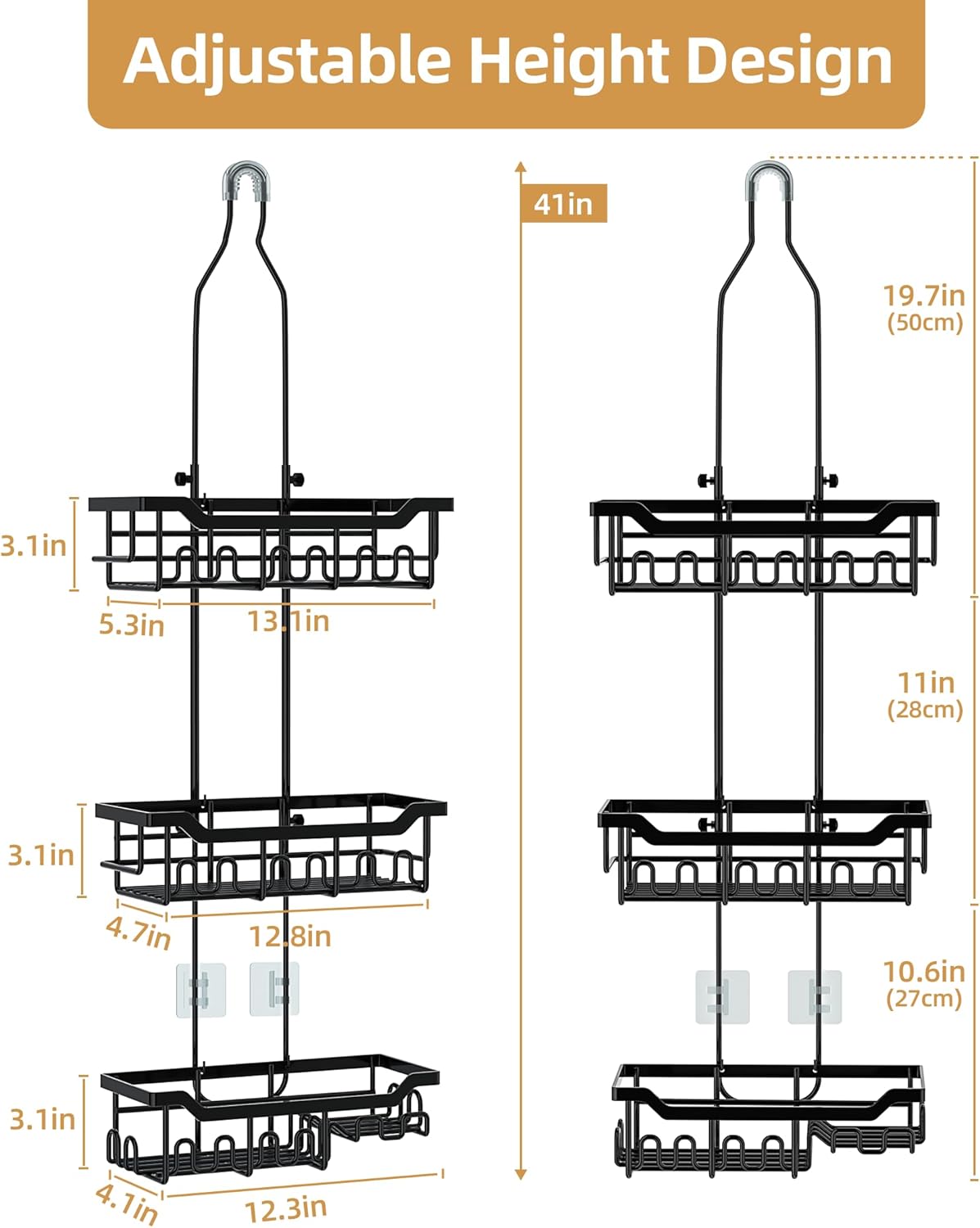 Skiennix Adjustable Shower Caddy - 3-Tier Hanging Organizer with Soap Holder | Extended Length, Black