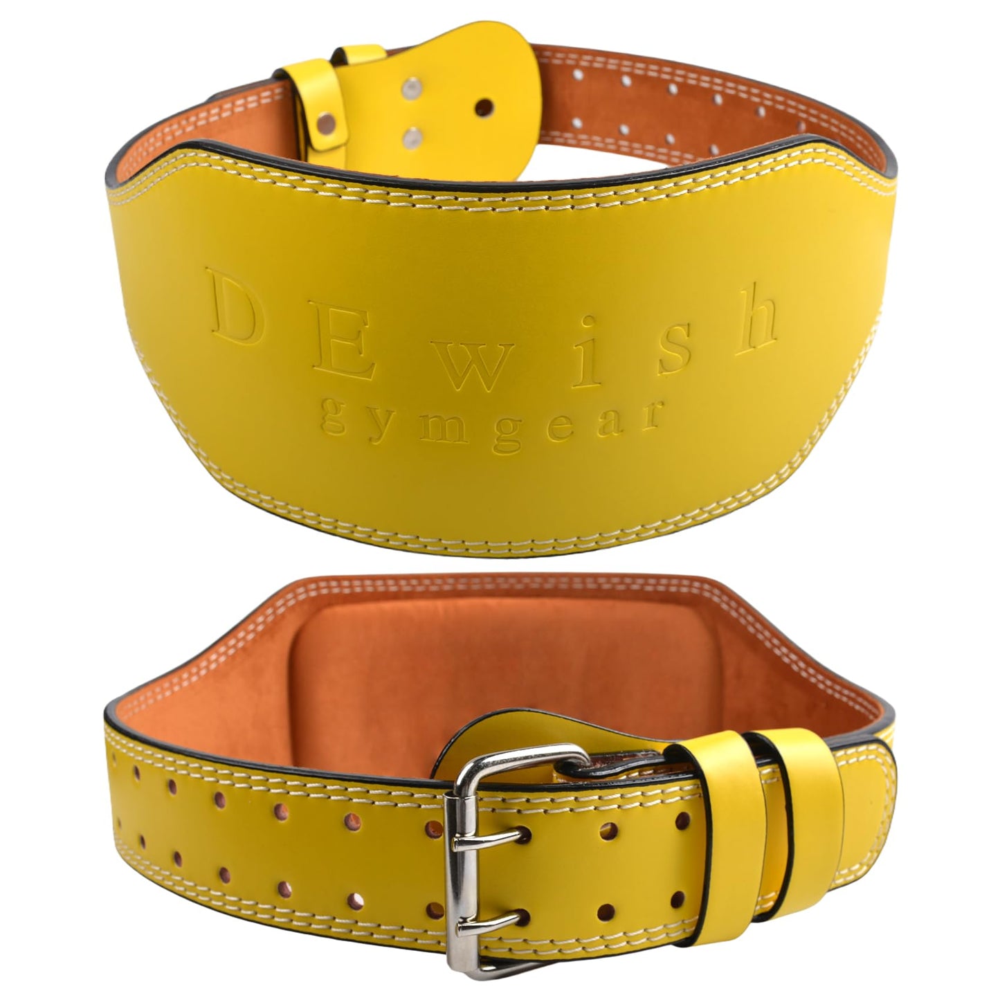 Leather Gym Fitness Belt, 4" & 6" Padded Lumbar Back Support, 10 Adjustable Holes for Weightlifting Powerlifting Bodybuilding Deadlift Squat Workout Strength Training (6-Inch, Yellow, XL (37"-40"))