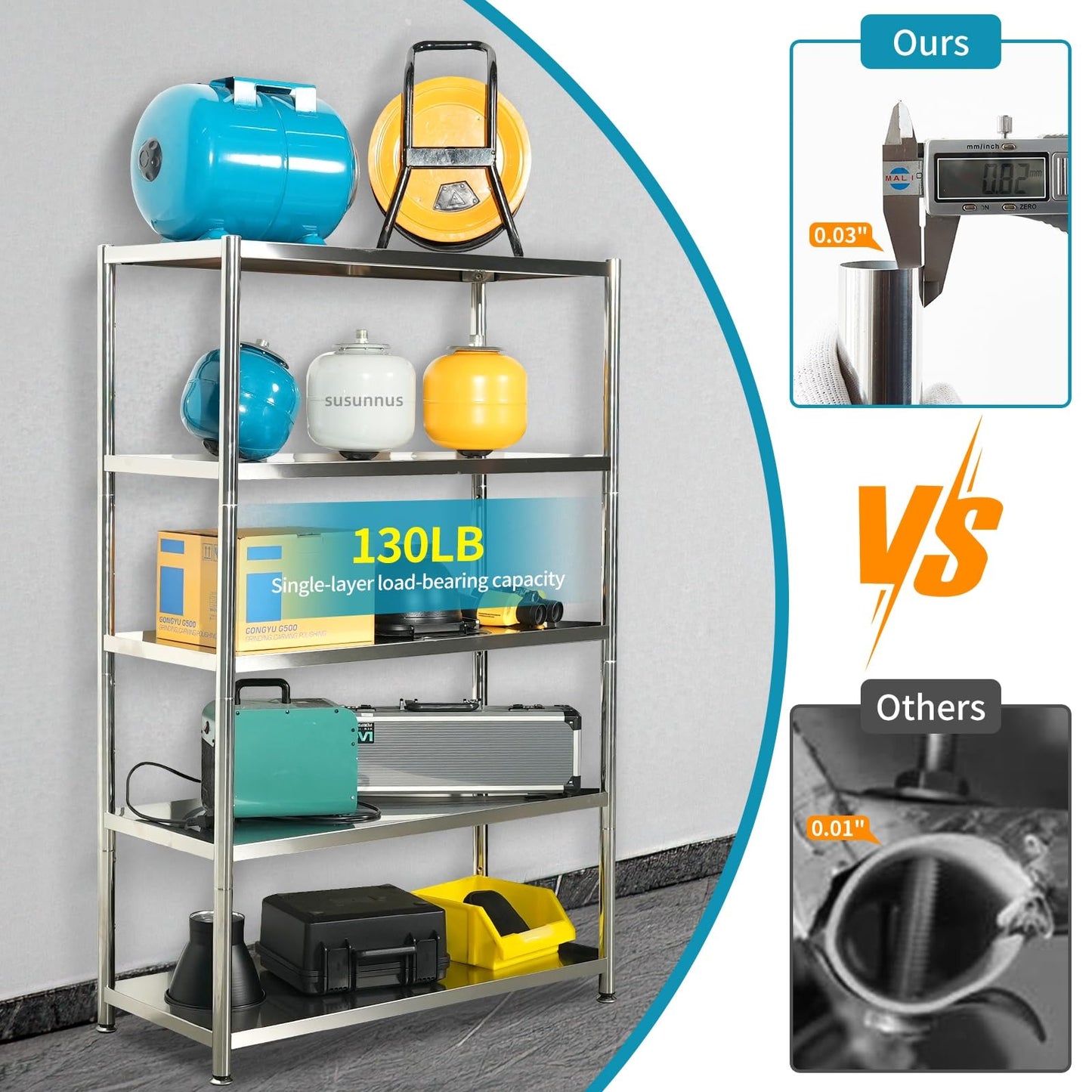 susunnus 5-Tier Stainless Steel Shelf, Heavy Duty Shelving for Kitchen, Garage, Industrial Storage, Kitchen Shelves Adjustable Feet, Easy to Clean (5T-35.8in*15.8in(Without guardrails))