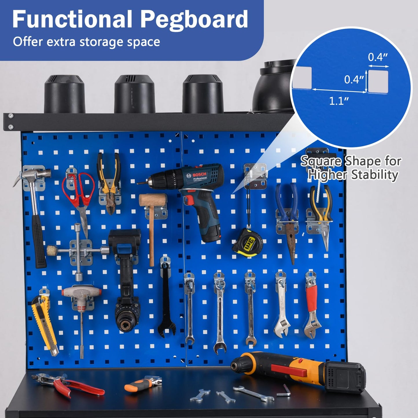 Goplus Workbench with Drawer, 32" x 16" Heavy-Duty Work Table with 2 PCS Pegboard & 4 Shelves, 19 Hanging Hooks, 495LBS Capacity, Metal Tool Storage Work Bench for Garage, Workshop, Home