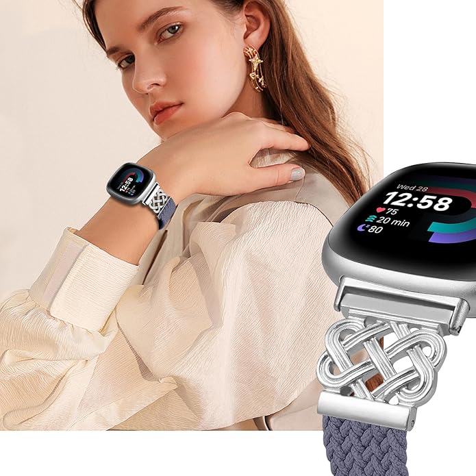 Braided Band Compatible with Fitbit Versa 4 Bands for Woman/Versa 3/Sense 1/Sense 2 Band, Magnetic Clasp Fabric Nylon with Designer Interlock Buckle Straps for Fitbit Versa4/3/Sense1/2