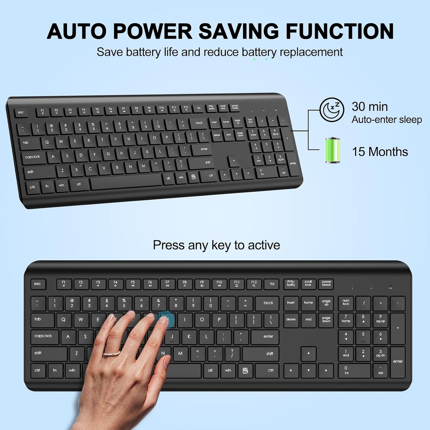 EDJO 2.4G Wireless Keyboard, Full-Sized Cordless USB Silent Computer Keyboard, Ergonomic Tilt Angle, Sleep Mode, Long