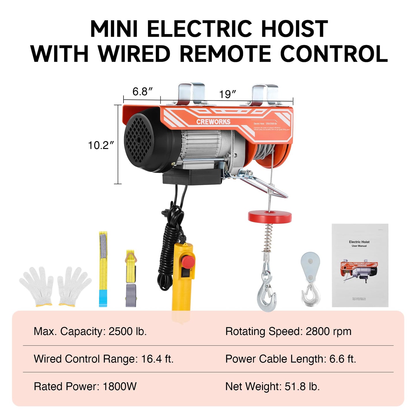 CREWORKS Electric Hoist, 2500lbs Electric Hoist with 16.4ft Wired Remote Control 39ft Single Cable Lifting Height, 1800W Single Double Slings Hoist Lift Ceiling Winch for Factory Warehouse Garage