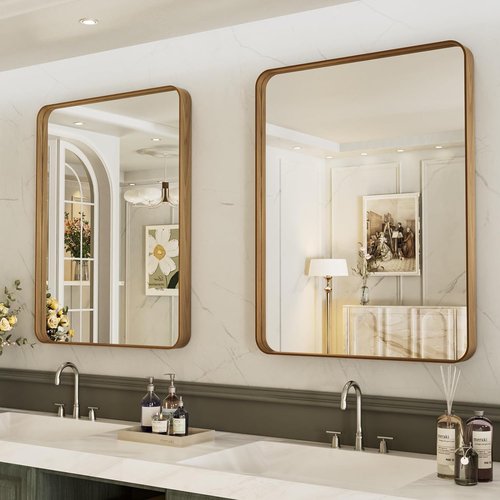 LOAAO Bathroom Mirror - 22X30 Inch Rounded Rectangle Design with Wood Grain Metal Frame | Anti-Rust, Versatile Hanging Options