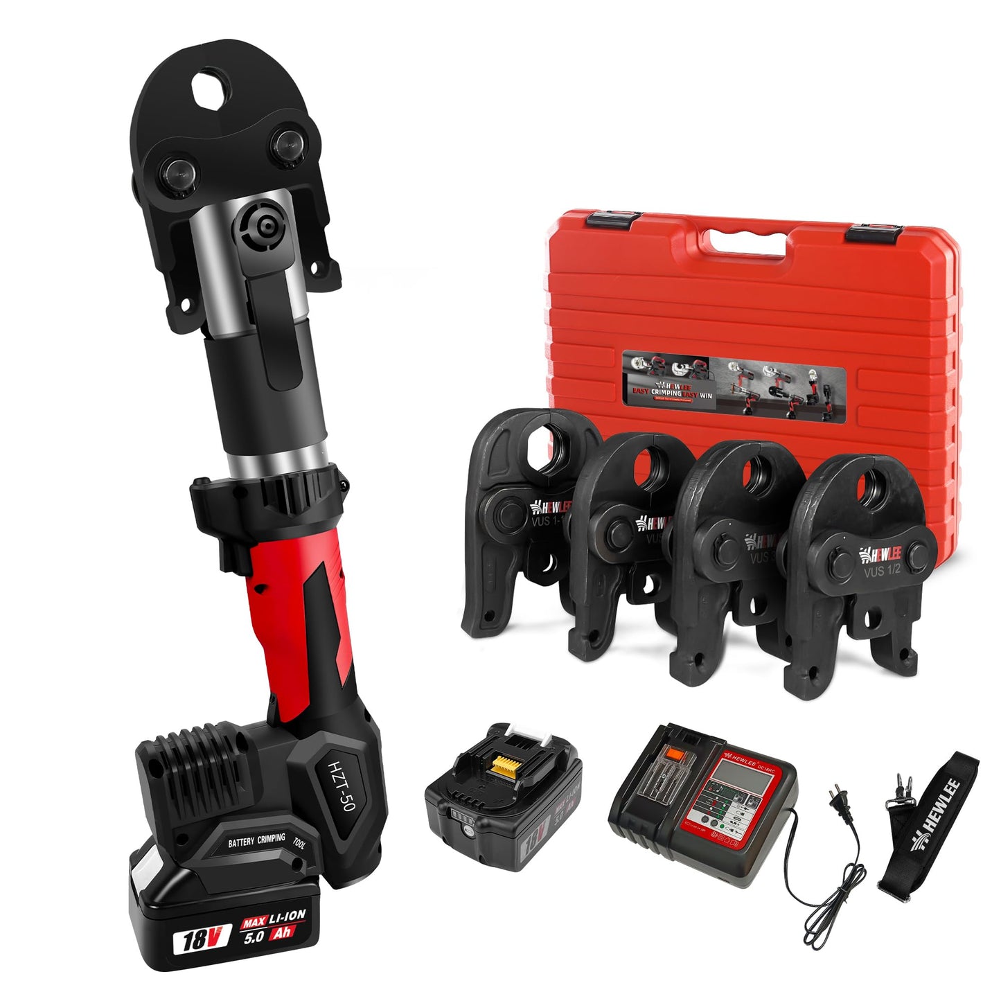 HHEWLEE Pro Press Copper Crimper Press Tool with 4 Jaws 1/2", 3/4", 1",1-1/4", Battery Powered Crimping Tool 42KN for US Standard Copper Pipe or Stainless Steel Tube, Suitable for Plumber(HZT-50B)