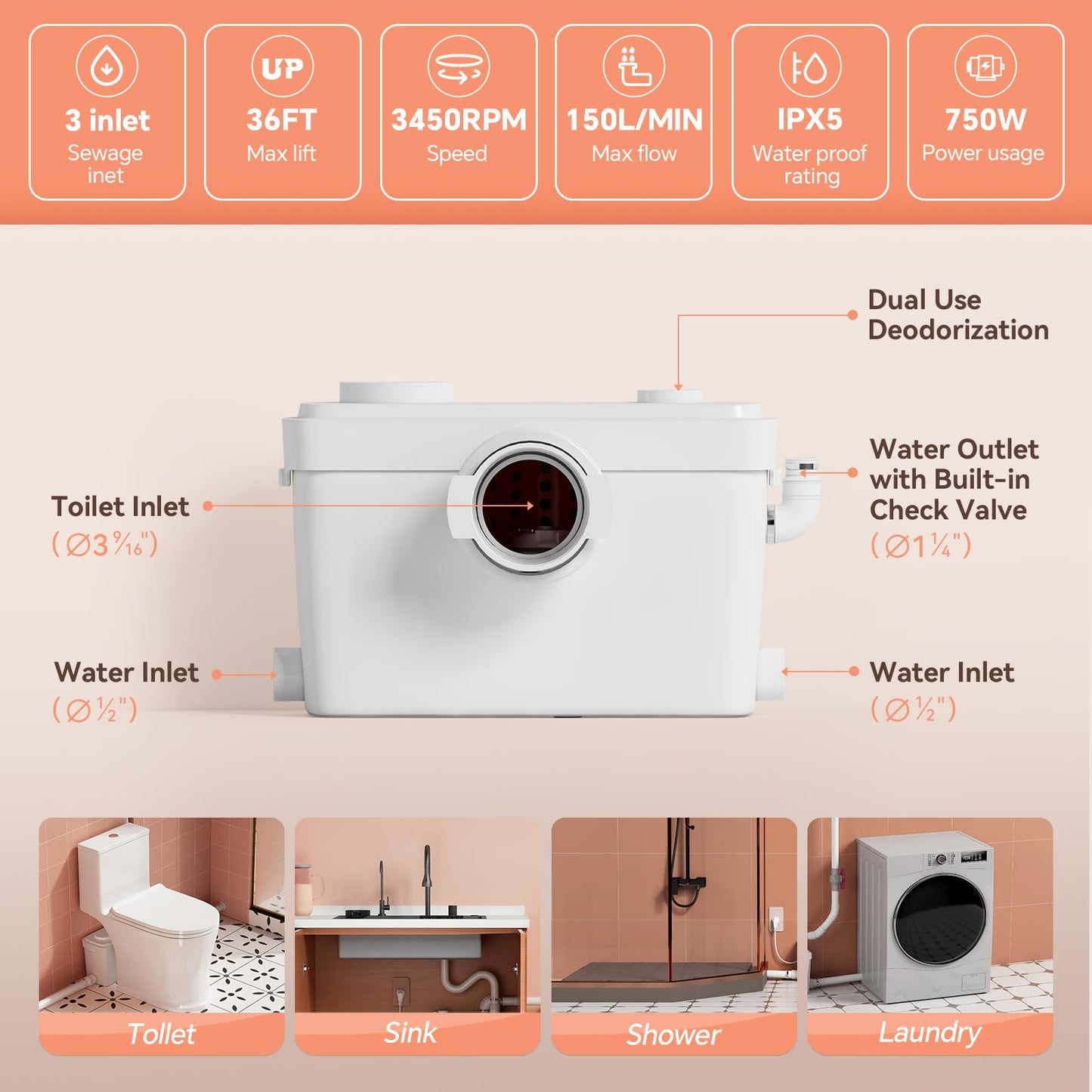 750W Macerating Toilet System, Upflush Toilet with Macerator Pump For Basement,Copper Motor Pump, Non-clog Stainless Grinder Housing, Quiet Operation, One Piece Full Skirt Toilet