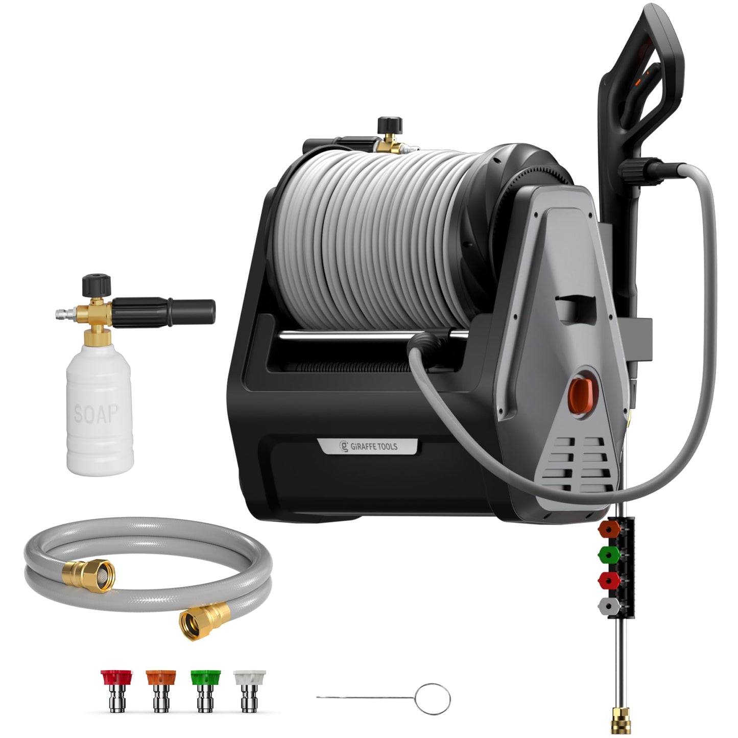 Giraffe Tools Grandfalls Retractable Wall Mount Pressure Washer Plus, Electric Power Washer with 100ft Pressure Hose, Max 2900PSI 2.2 GPM, Automatic Rewind, Any Length Lock, Dark Silver