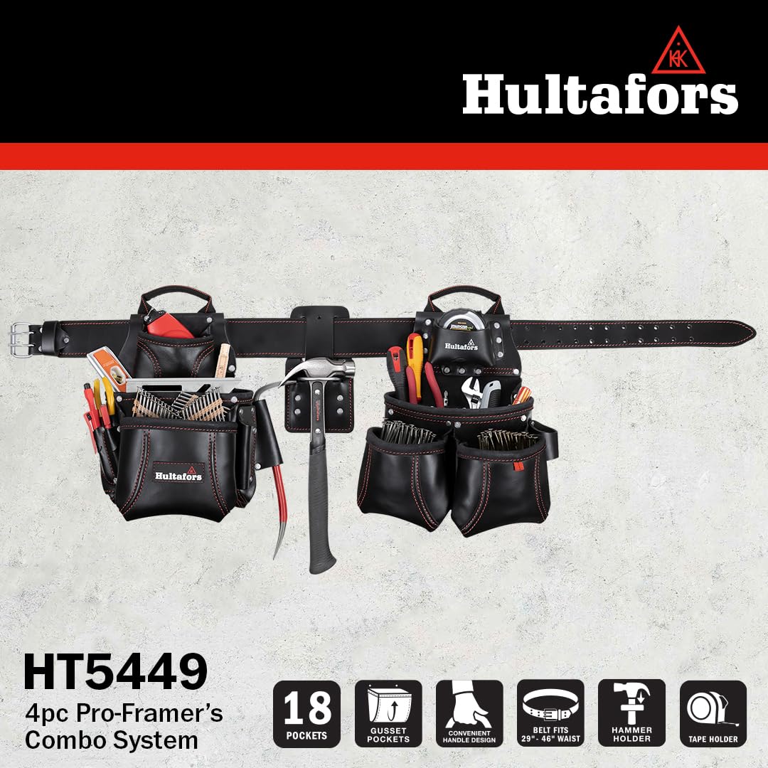 Hultafors Work Gear HT5449 4 Piece Premium Leather Pro-Framer's Combo System, Tool Belt, Double-Gusset Front Pockets, Molded Tape Holder, Leather Sleeves for Pry Bar, Combination Square, 18 Pockets
