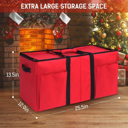 Lambada Christmas Ornament Storage Box - Durable Organizer with Adjustable Dividers | Holds 128 Ornaments (Red)